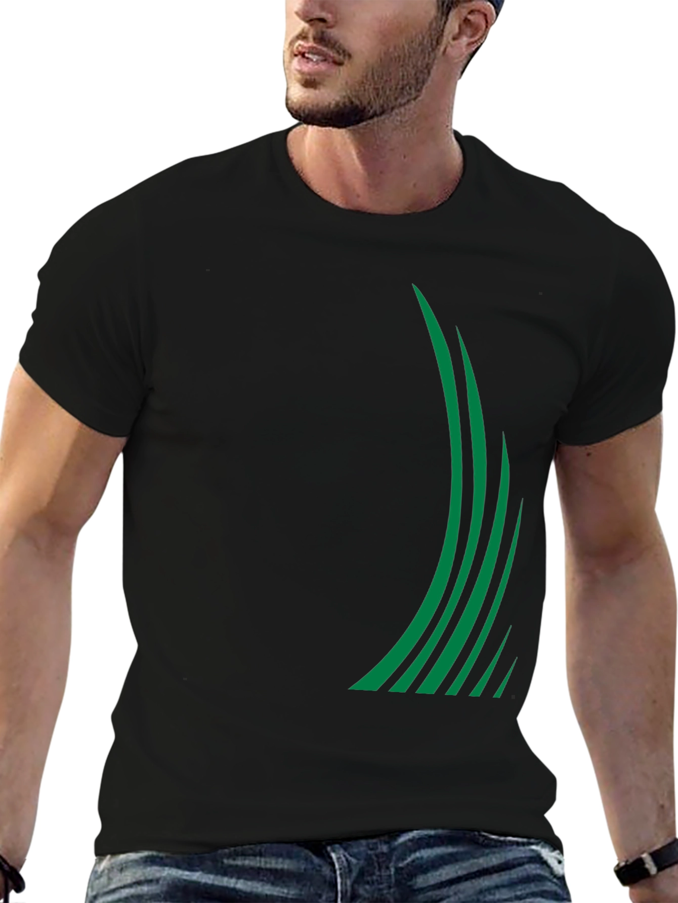 Sleek Black Tee with Green Stripe Design