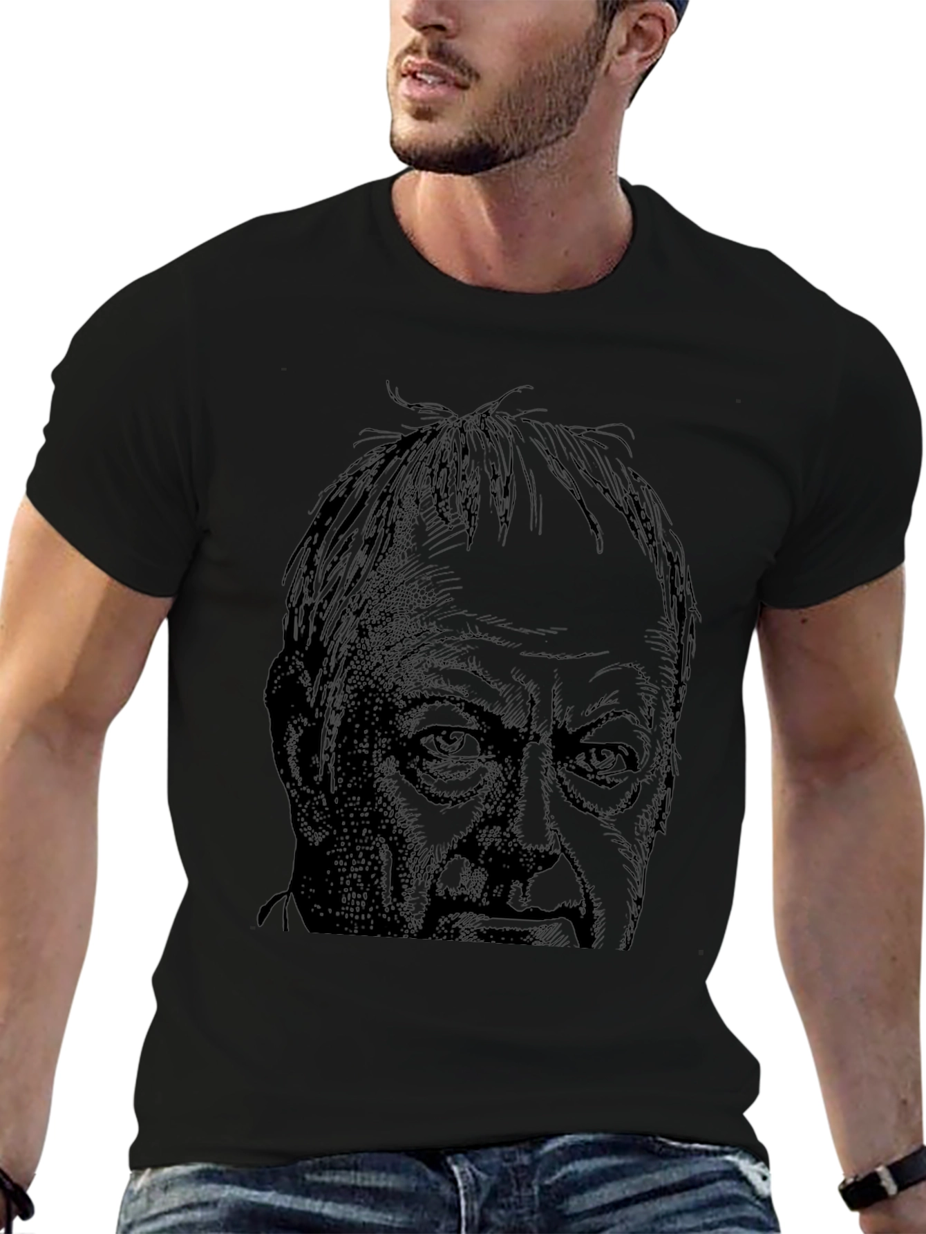 Black T-Shirt with Illustrated Face