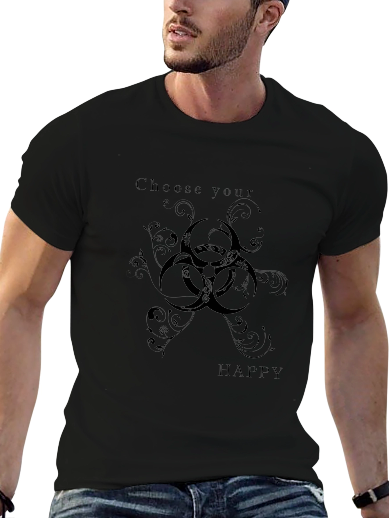 Choose Happy Black T-Shirt with Biohazard Floral Design