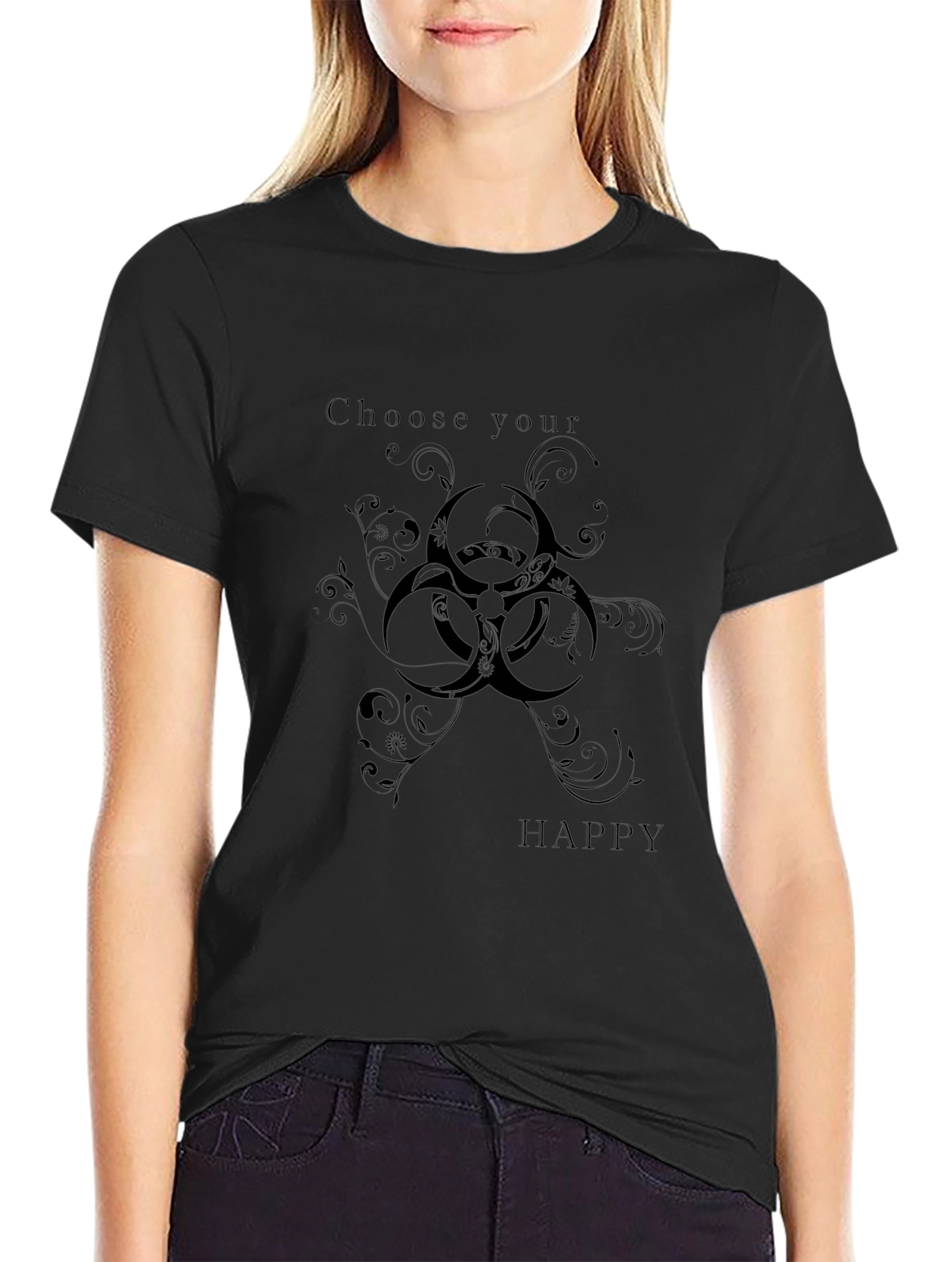 Choose Happy Black T-Shirt with Biohazard Floral Design
