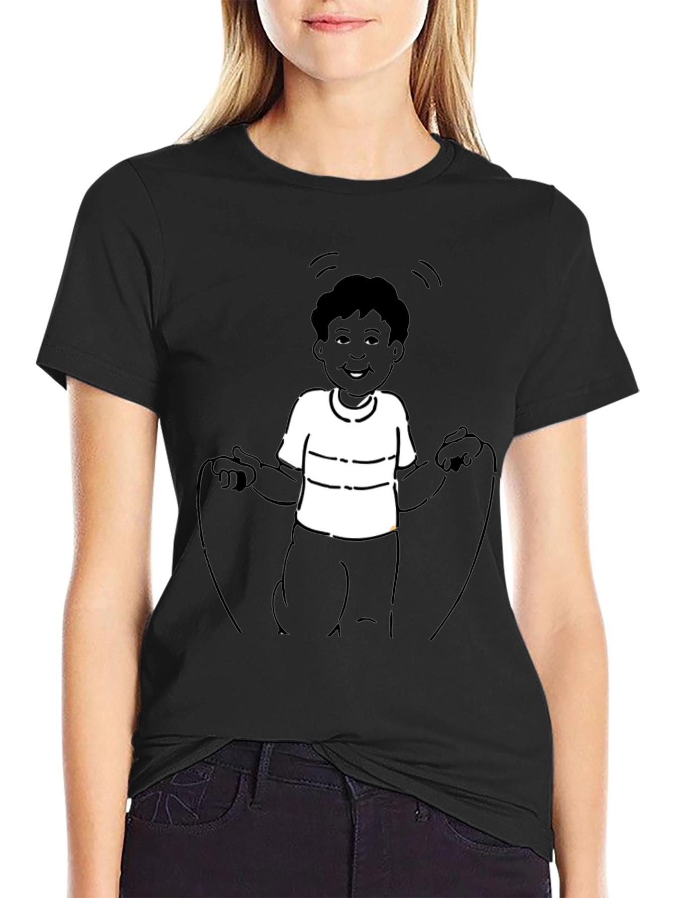 Mans Black T-Shirt with Boy Jumping Rope Design