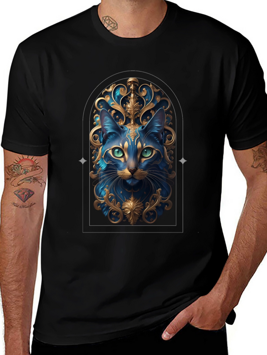 Ornate Blue Cat Graphic Tee - Stylish Mens T-Shirt