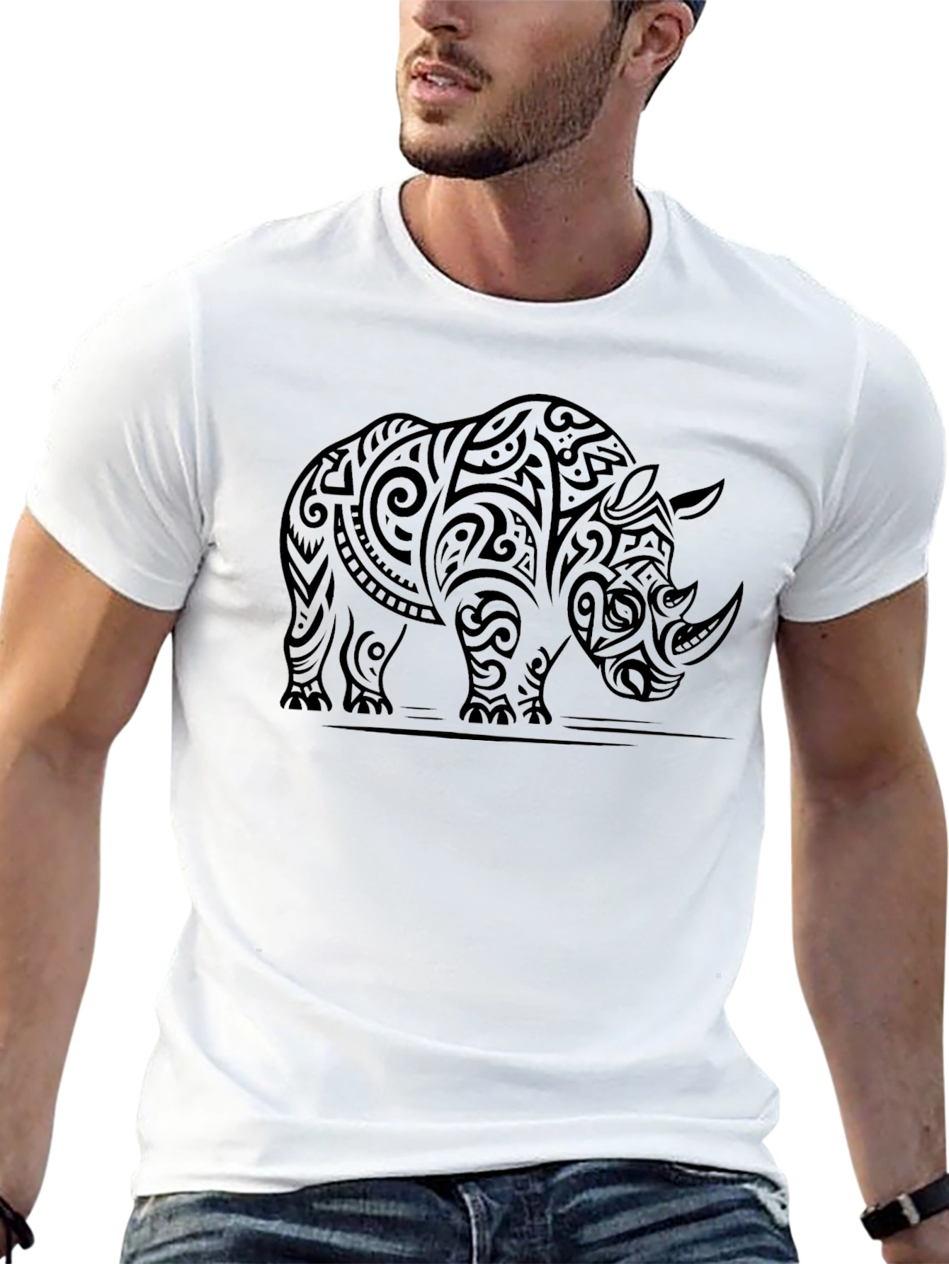 Tribal Rhino Graphic Tee - Mens Black T-Shirt