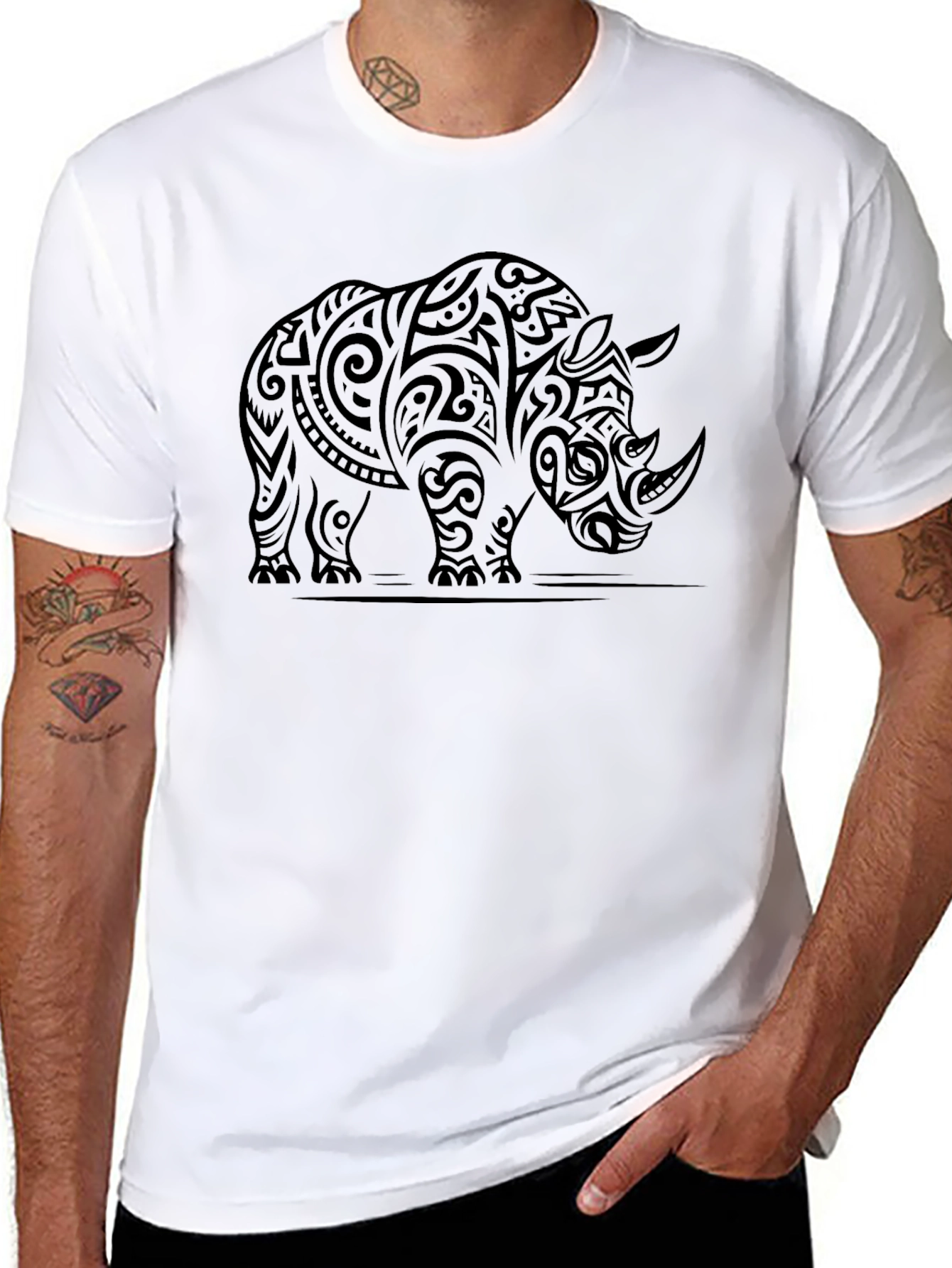 Tribal Rhino Graphic Tee - Mens Black T-Shirt