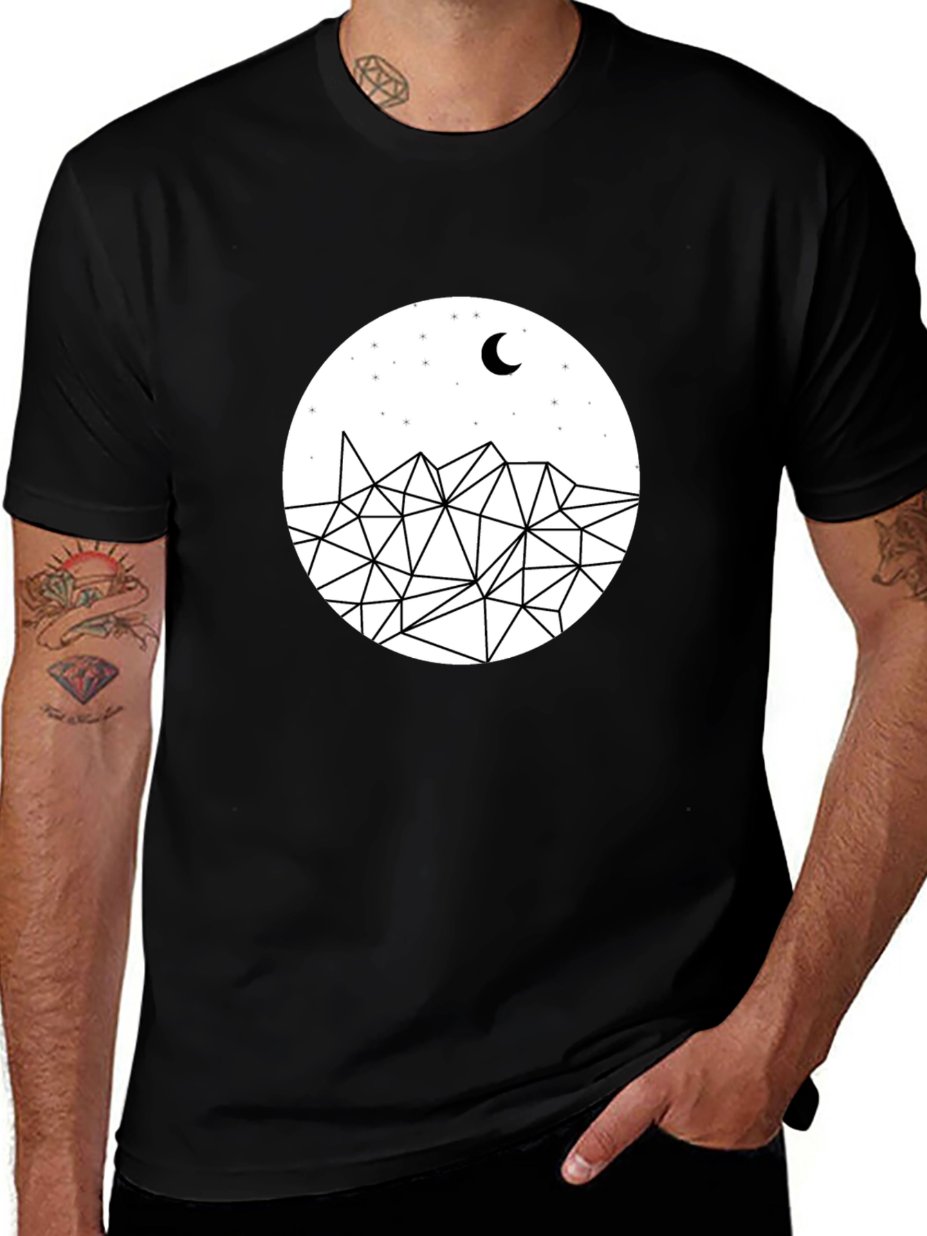 Geometric Mountain Moon Black T-Shirt