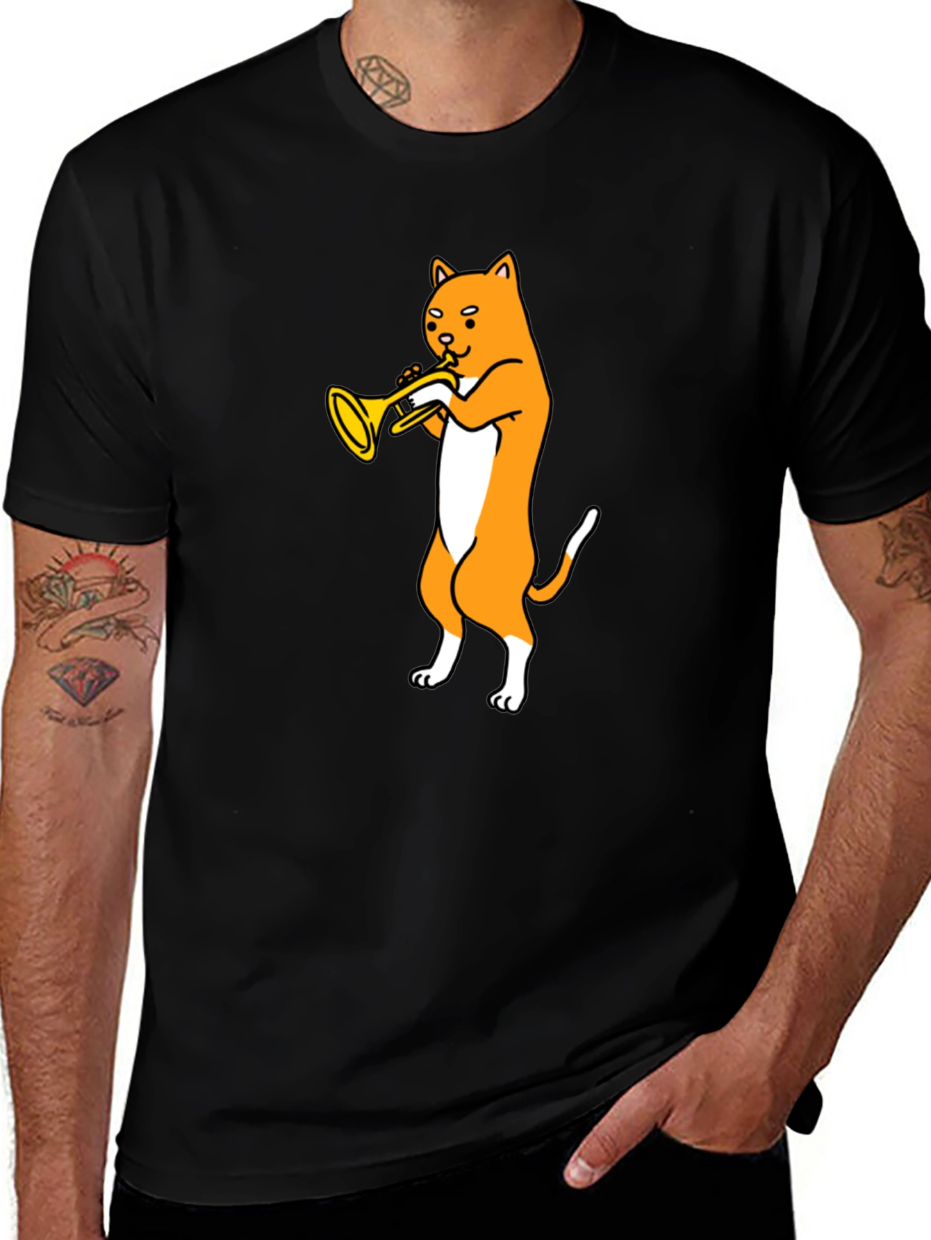 Cat Trumpet T-Shirt - Black Graphic Tee