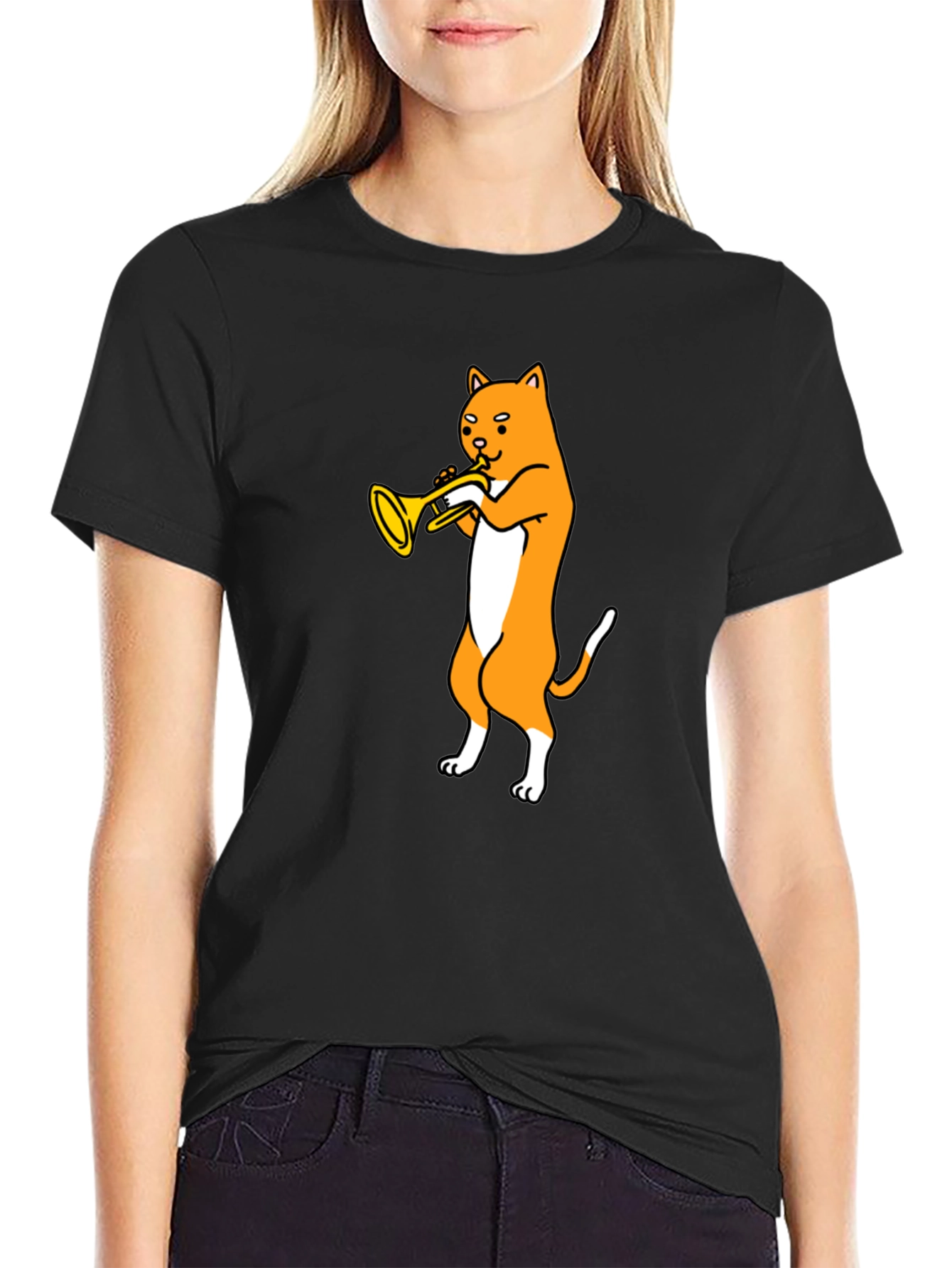 Cat Trumpet T-Shirt - Black Graphic Tee