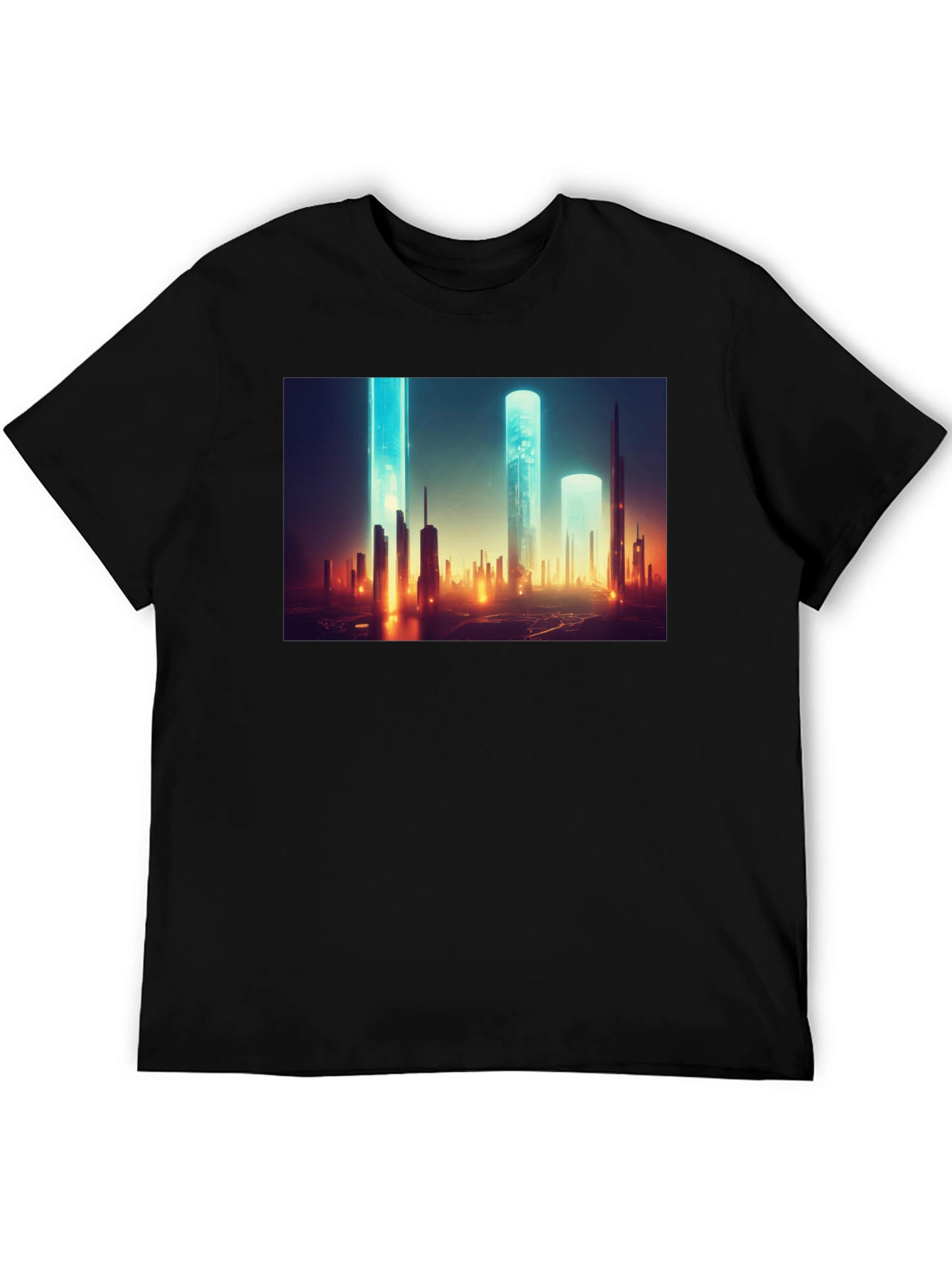 Futuristic Cityscape Graphic Tee - Sleek Black