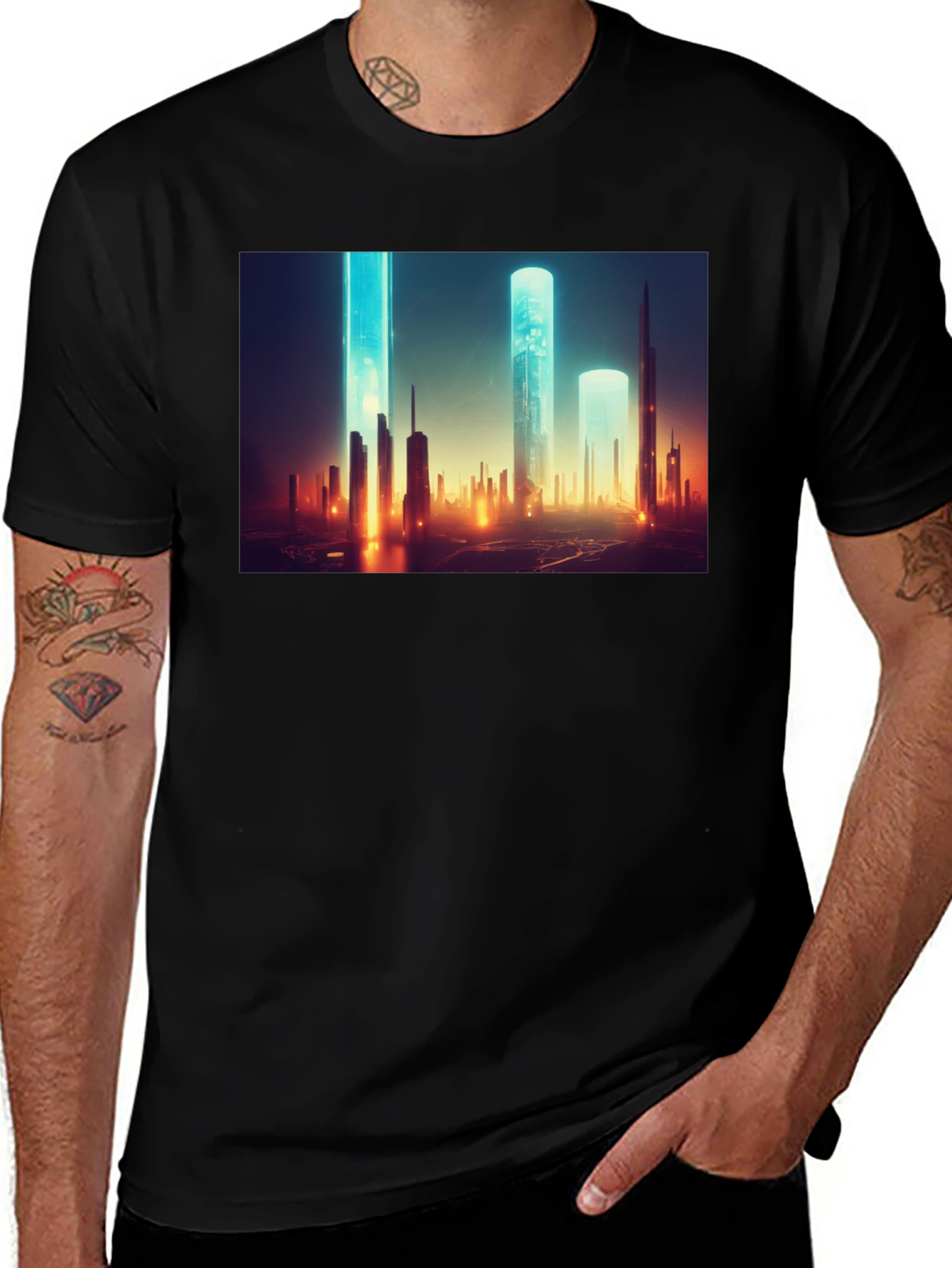 Futuristic Cityscape Graphic Tee - Sleek Black