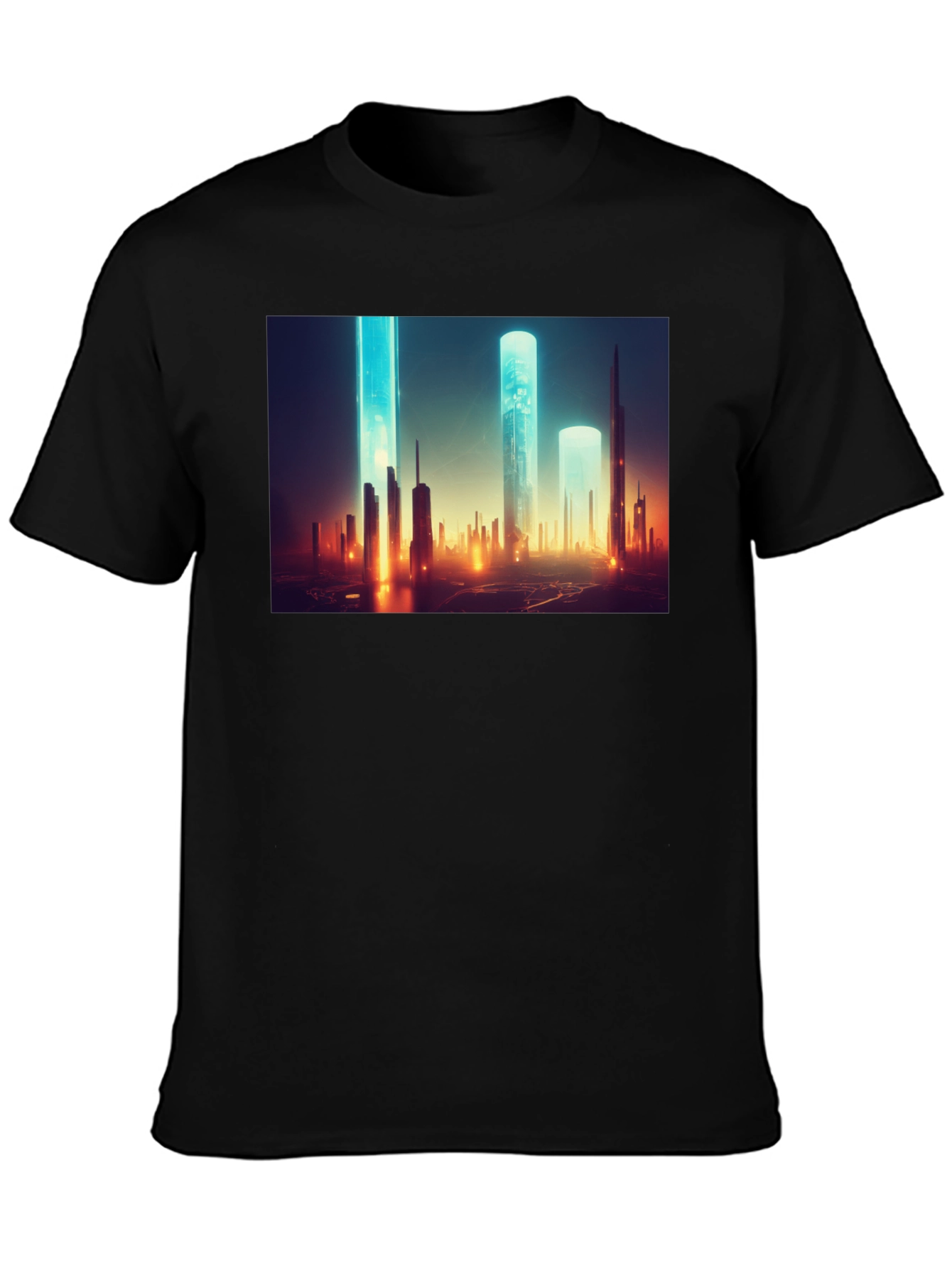 Futuristic Cityscape Graphic Tee - Sleek Black