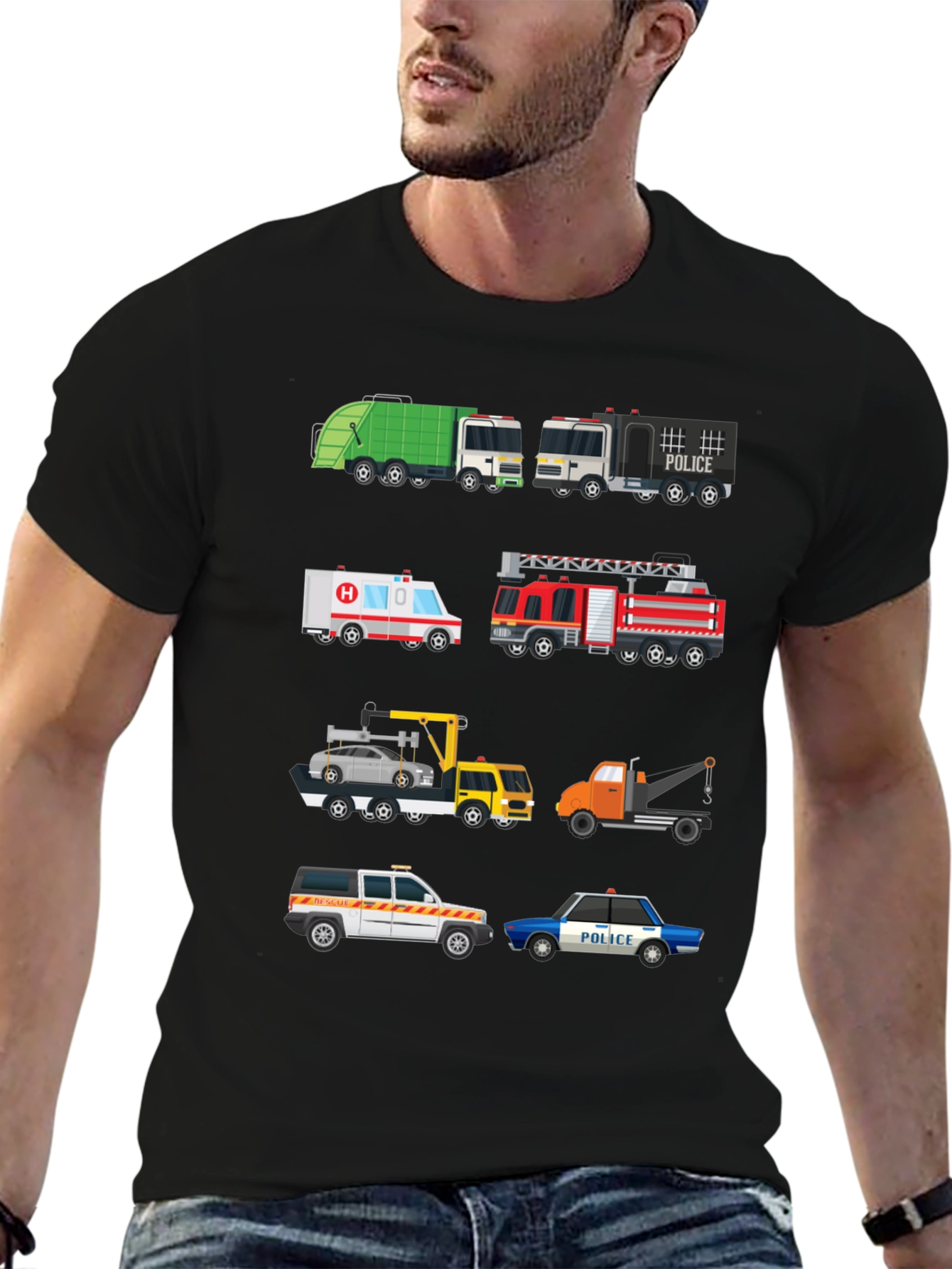 Cartoon Trucks Graphic Print Black T-Shirt