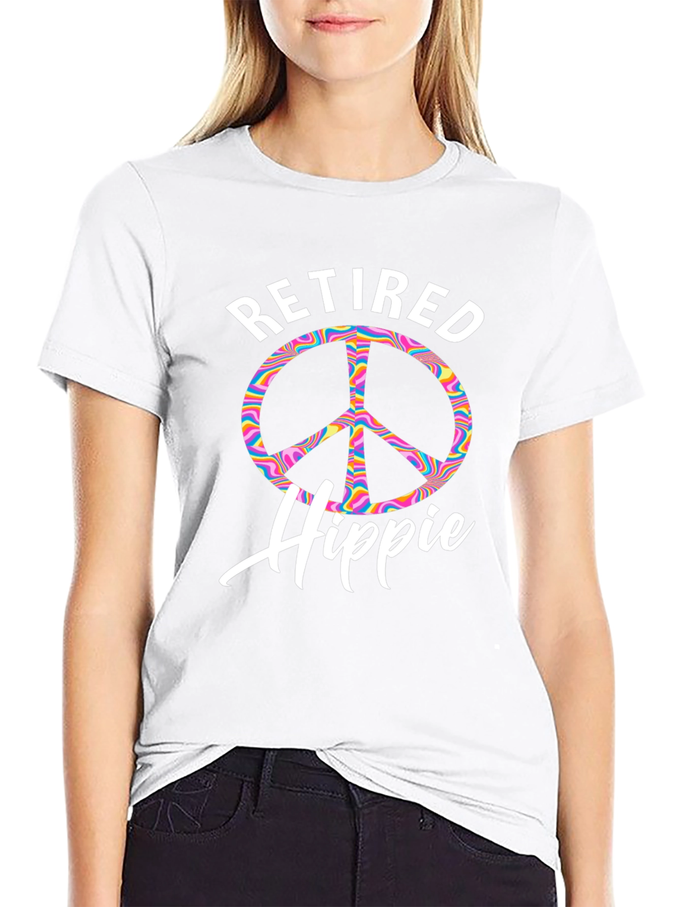 Retired Hippie T-Shirt Peace Sign Psychedelic Rainbow
