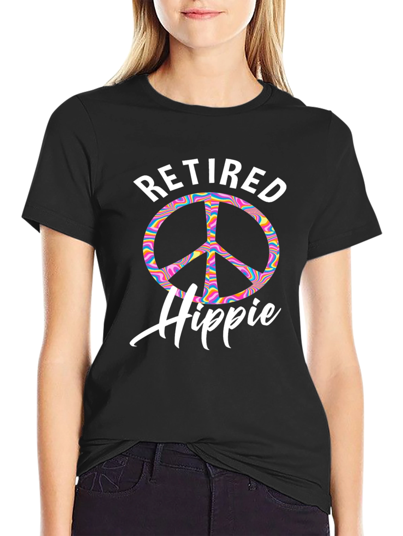 Retired Hippie T-Shirt Peace Sign Psychedelic Rainbow