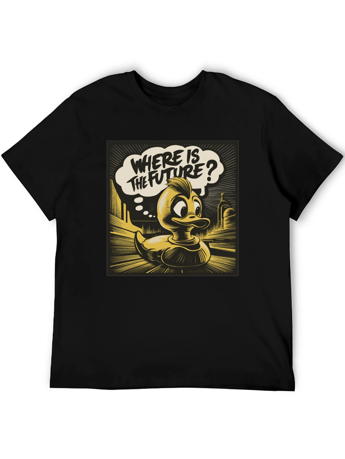 Retro Duck Where is the Future? Black Graphic Tee