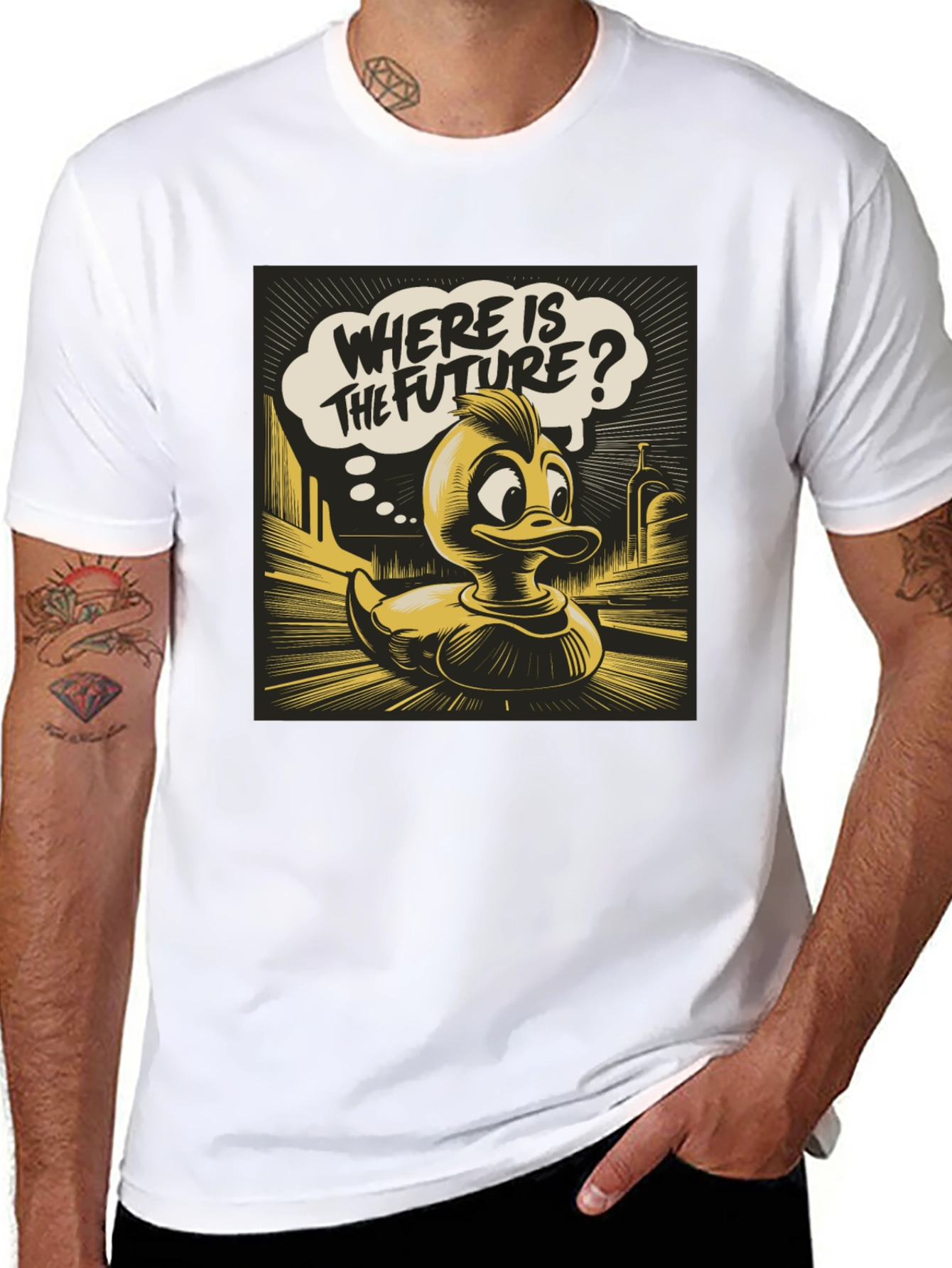 Retro Duck Where is the Future? Black Graphic Tee
