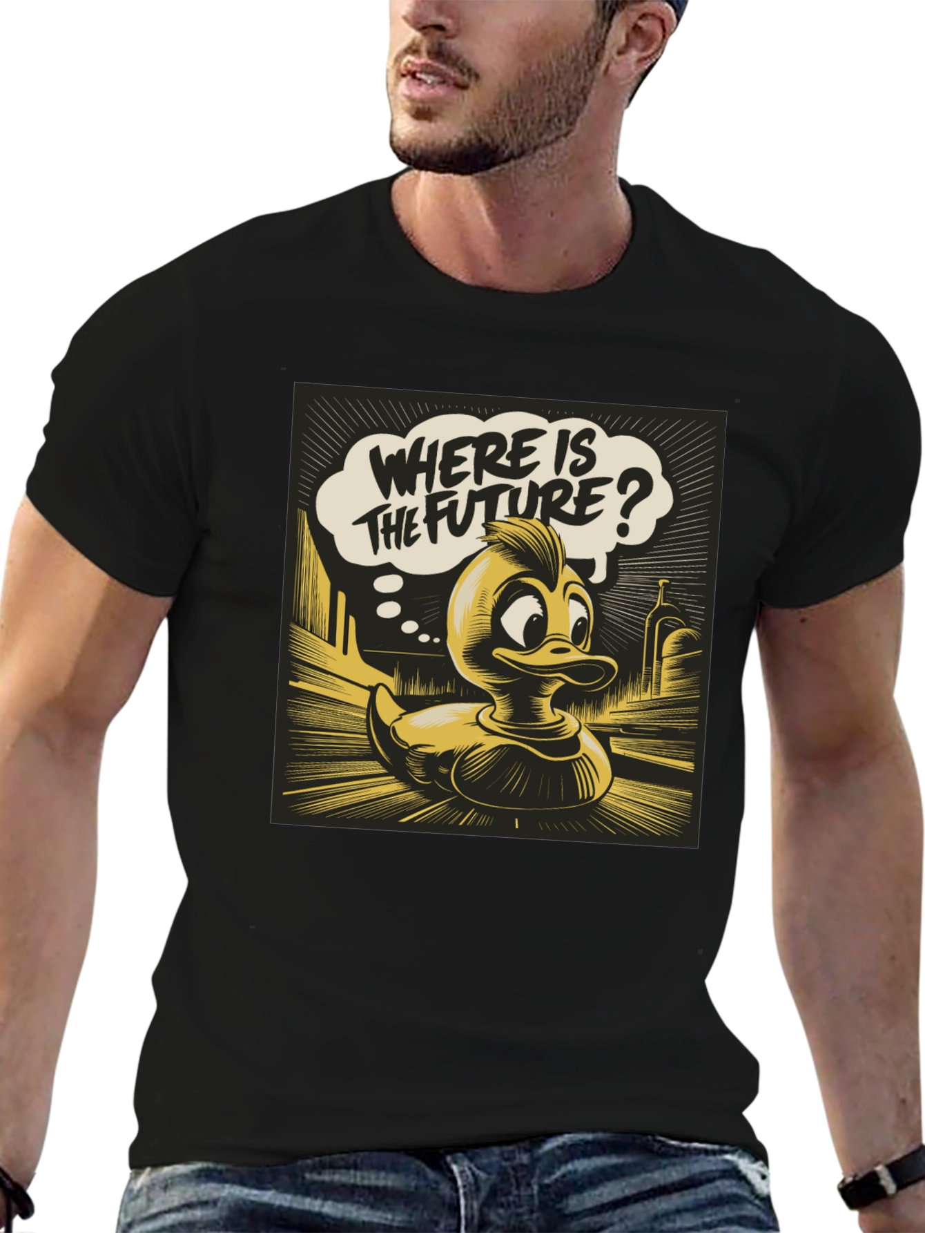 Retro Duck Where is the Future? Black Graphic Tee