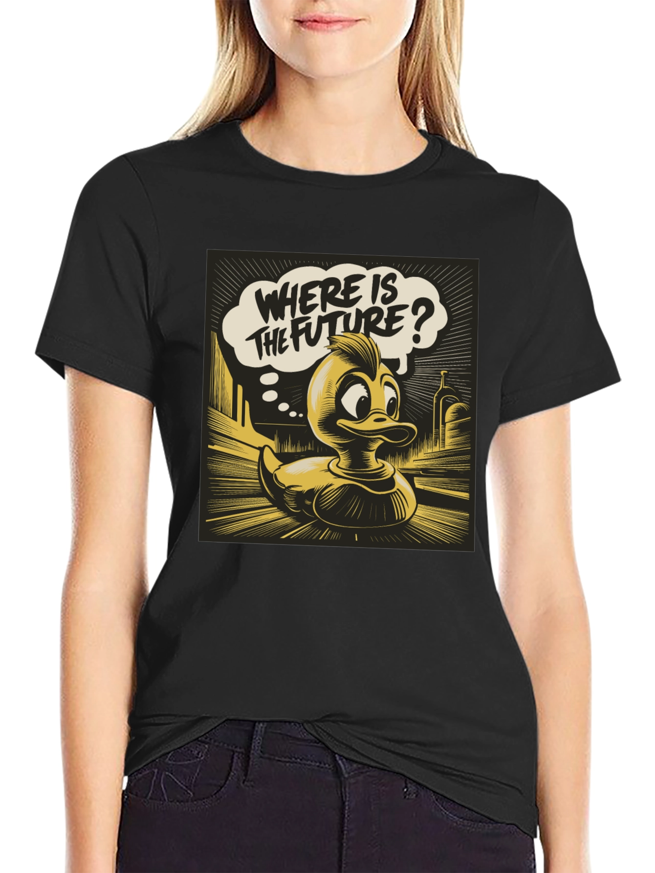 Retro Duck Where is the Future? Black Graphic Tee