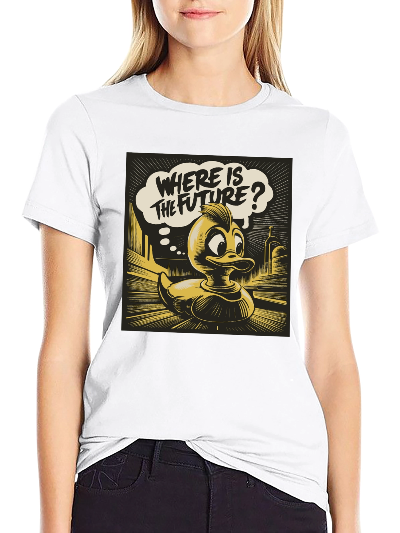 Retro Duck Where is the Future? Black Graphic Tee