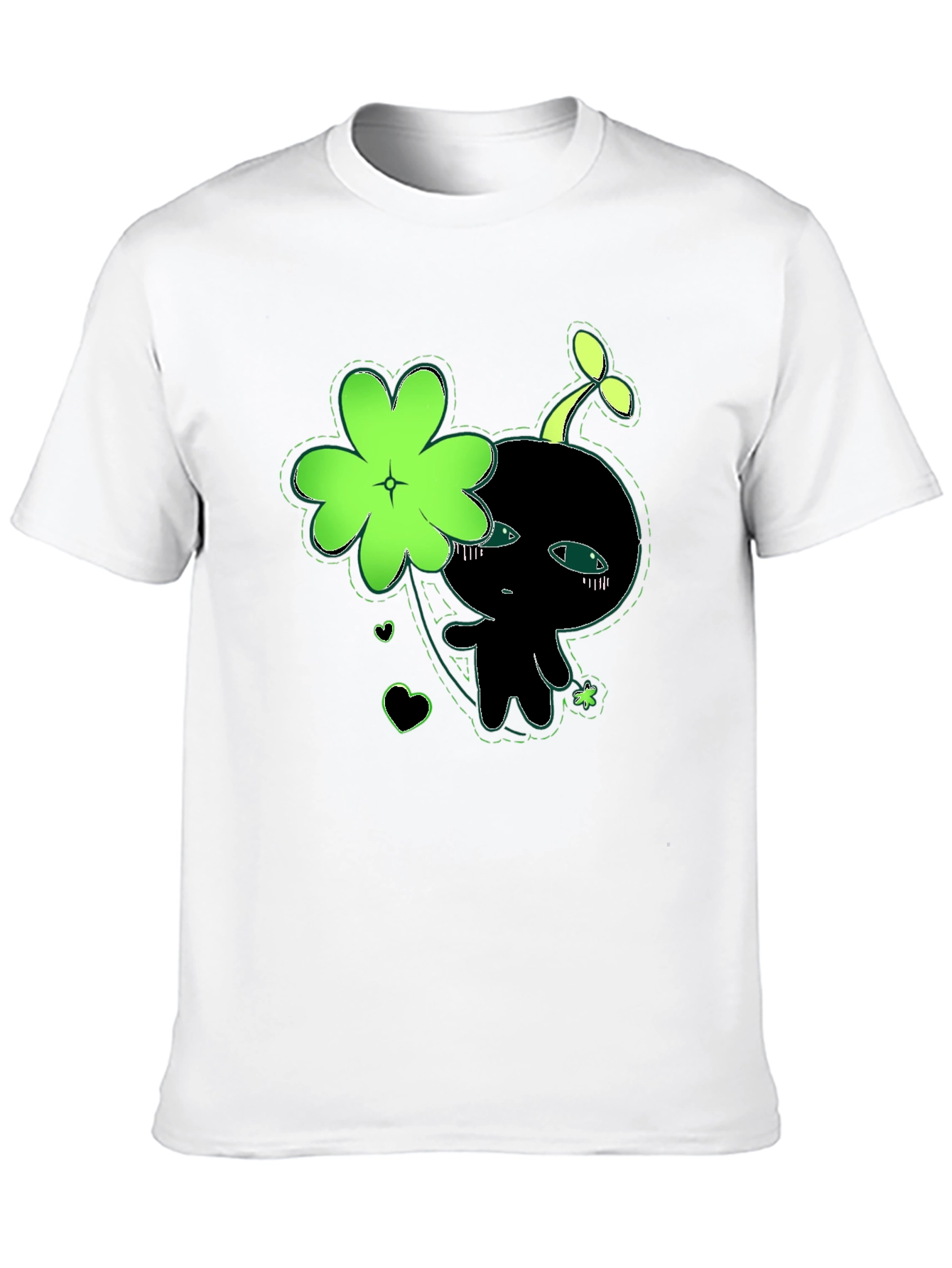 Cute Green Clover Kawaii Graphic Black T-Shirt