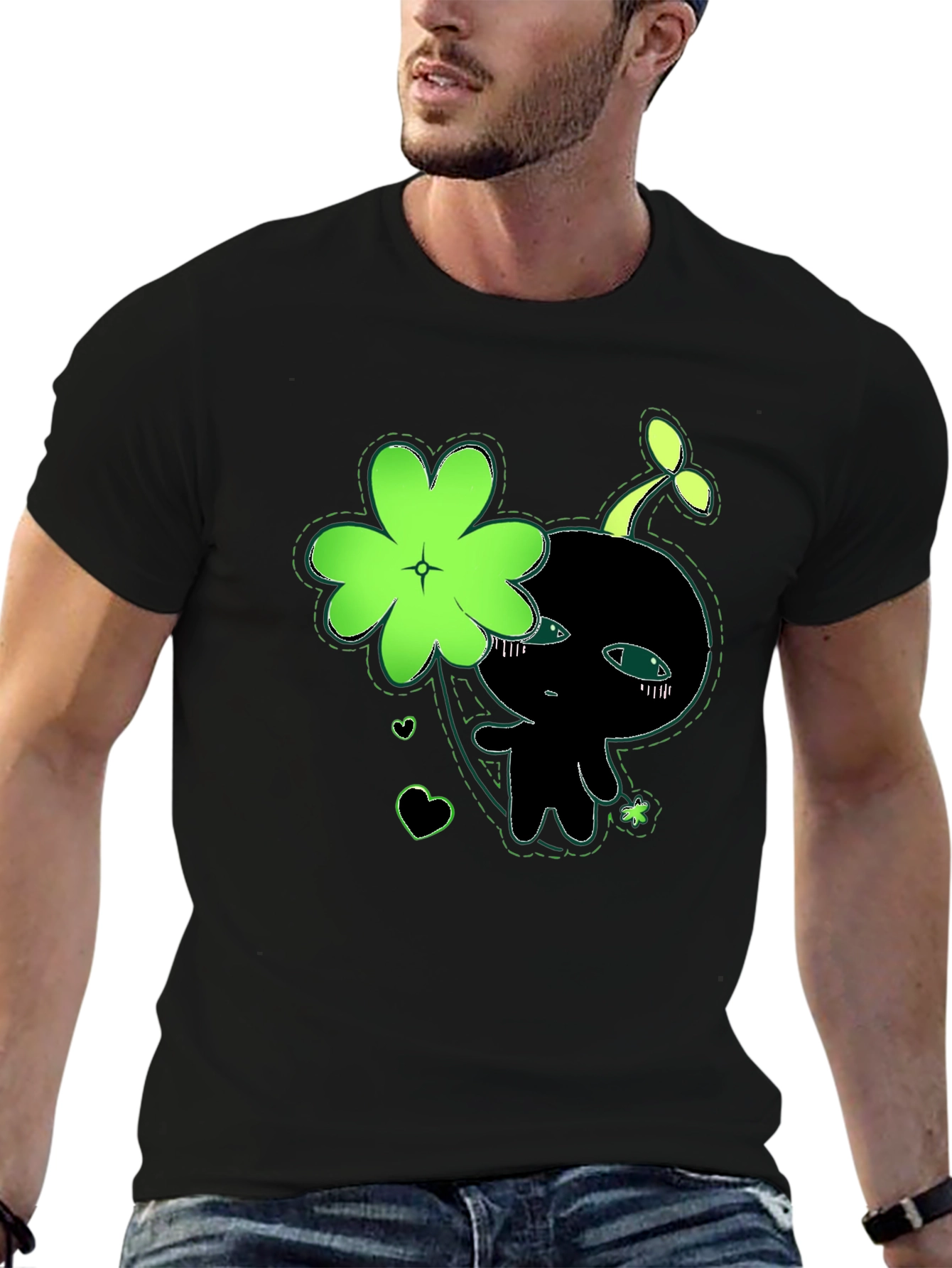 Cute Green Clover Kawaii Graphic Black T-Shirt
