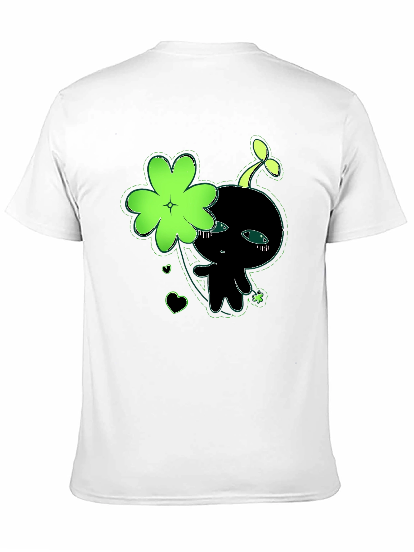 Cute Green Clover Kawaii Graphic Black T-Shirt