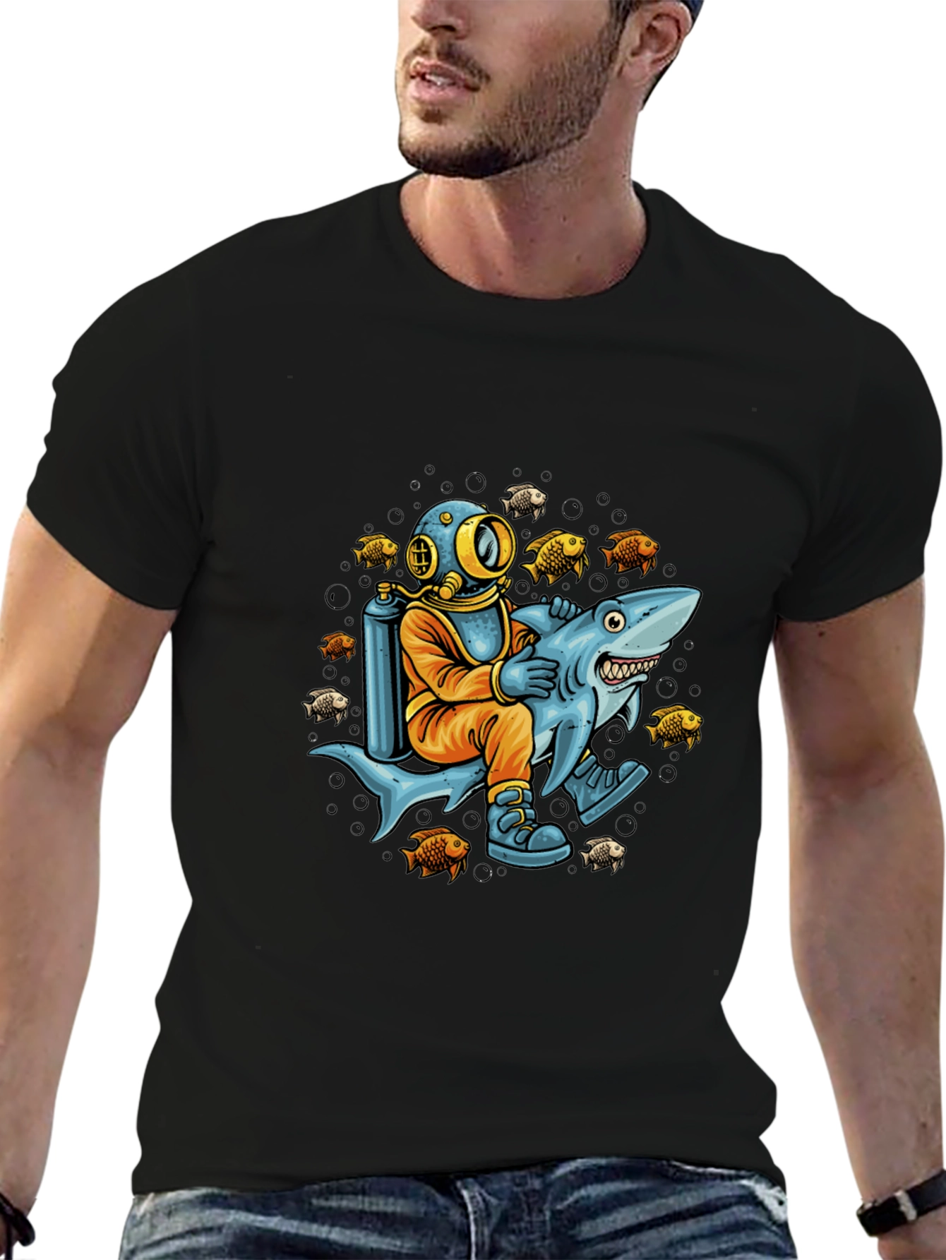Diver Riding Shark Graphic Tee