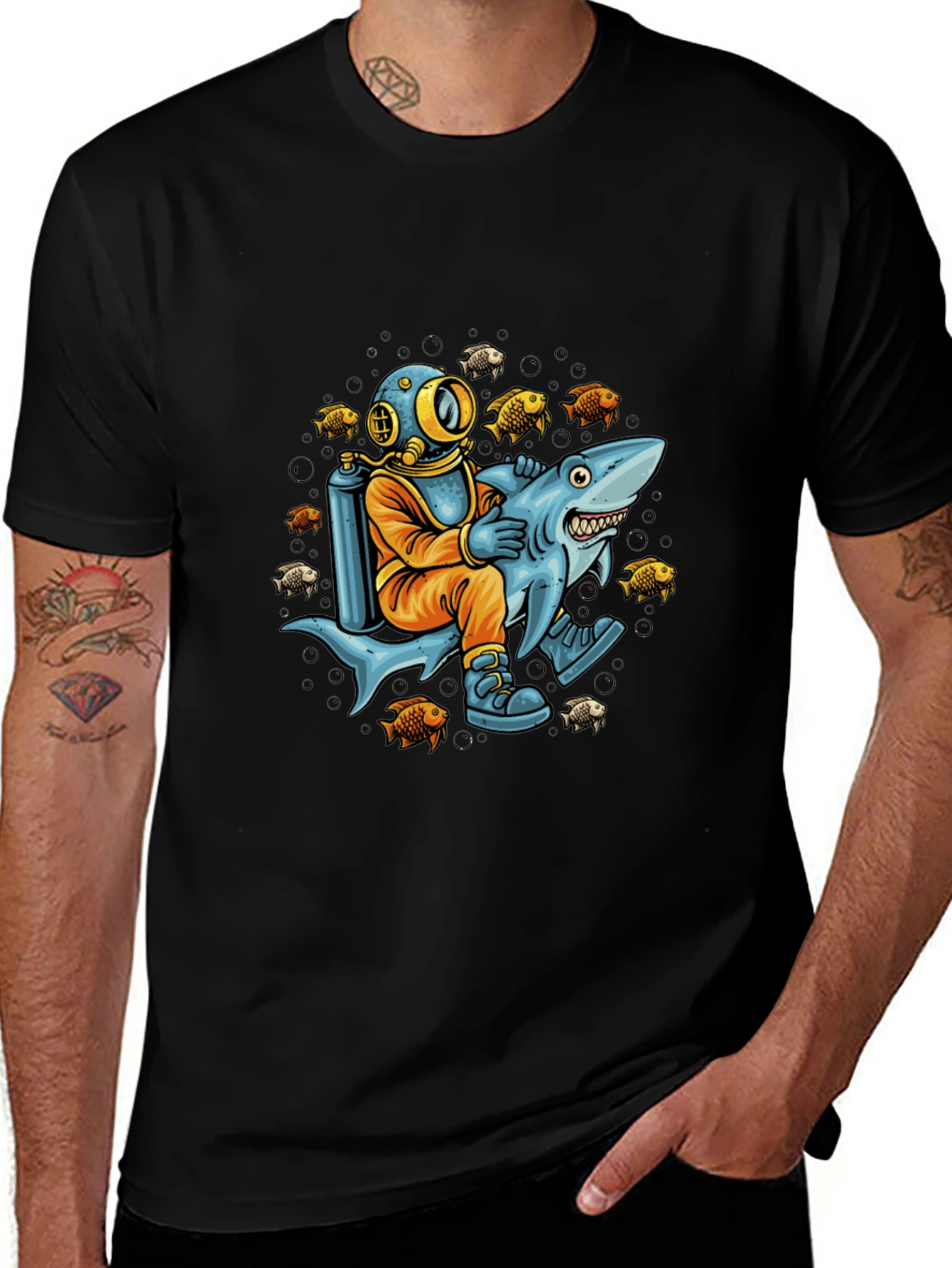 Diver Riding Shark Graphic Tee