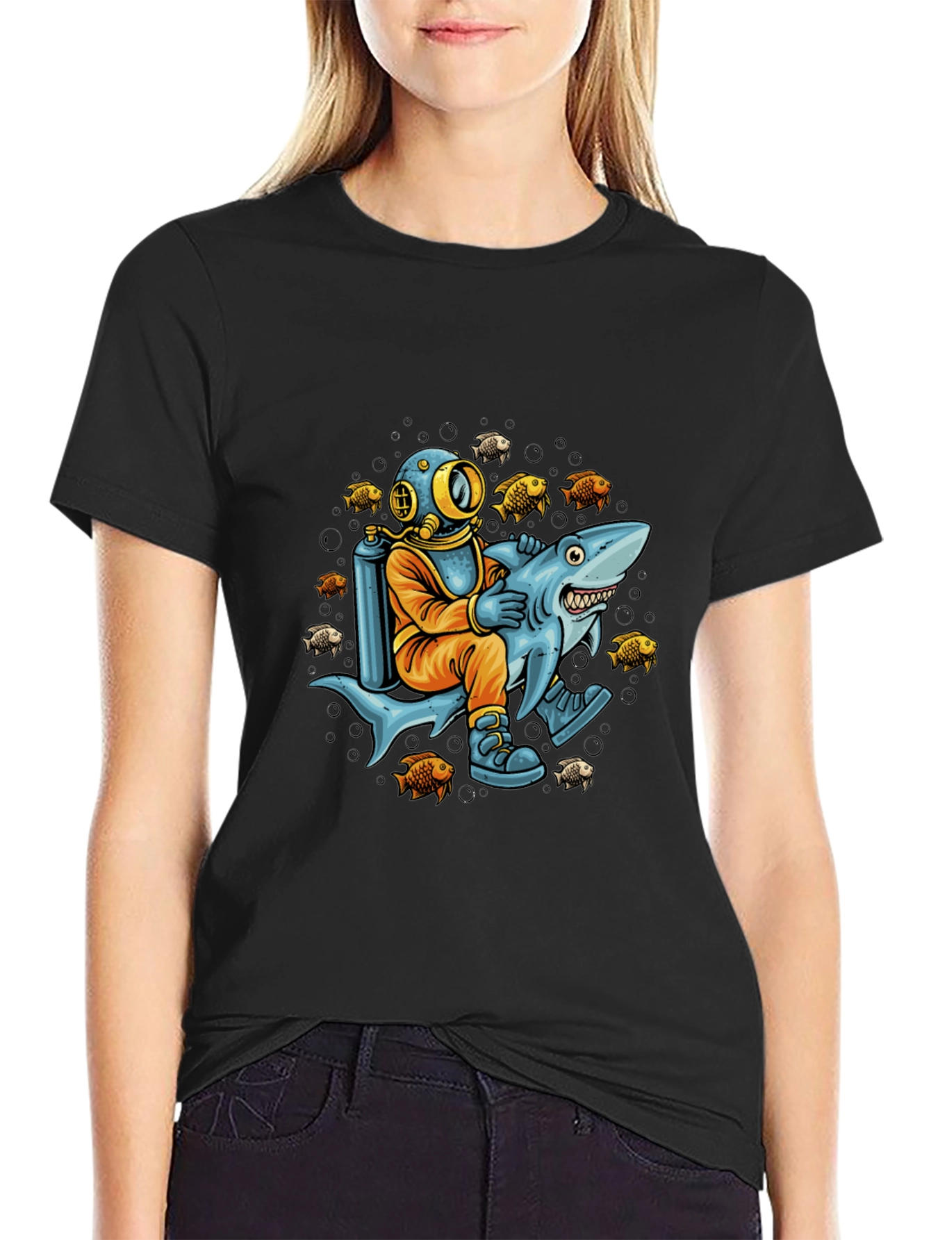 Diver Riding Shark Graphic Tee