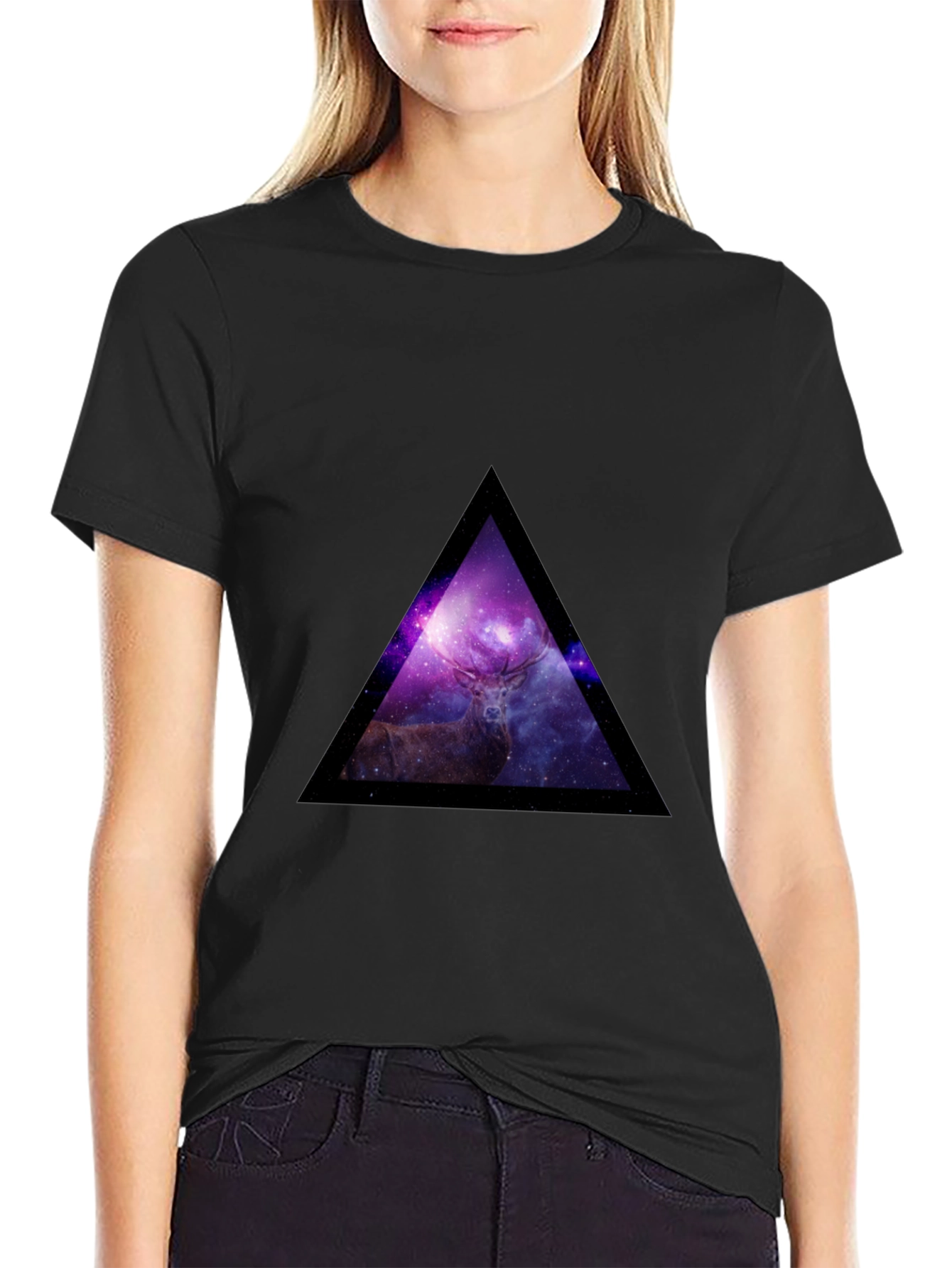 Galaxy Deer Triangle Graphic Tee - Black