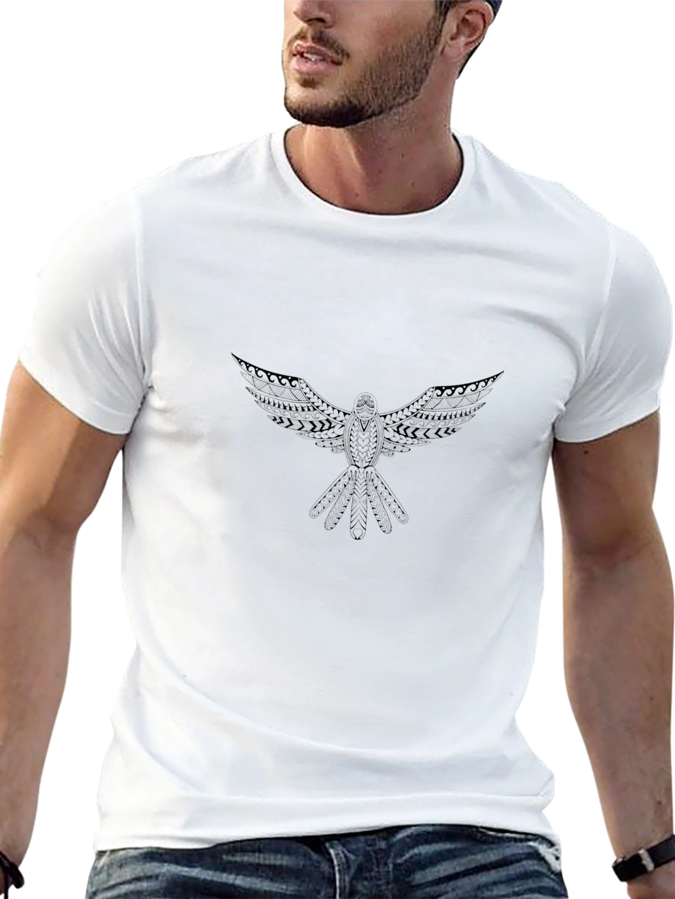 Black T-Shirt with Tribal Bird Design