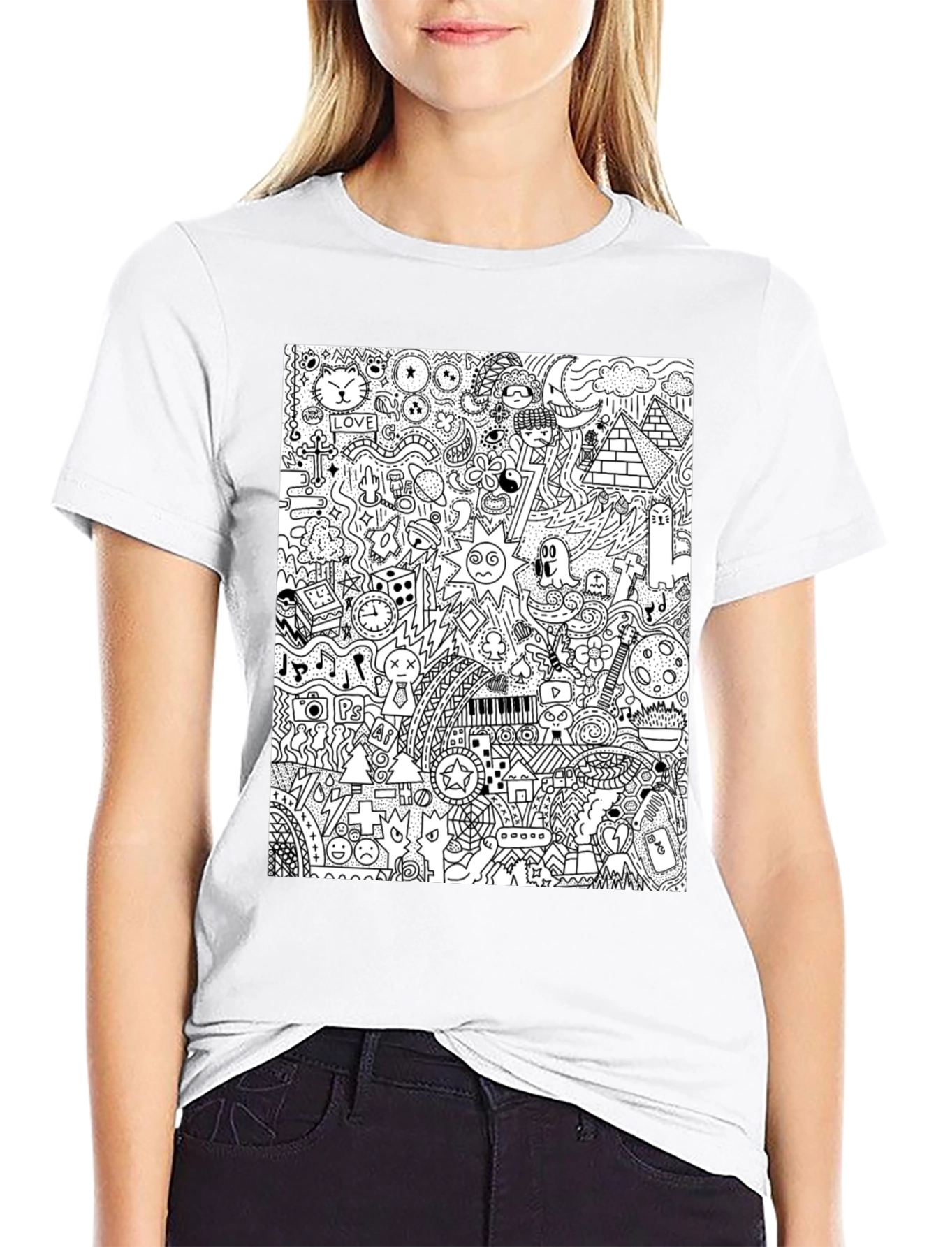 Doodle Art Black Tee - Quirky Graphic Print