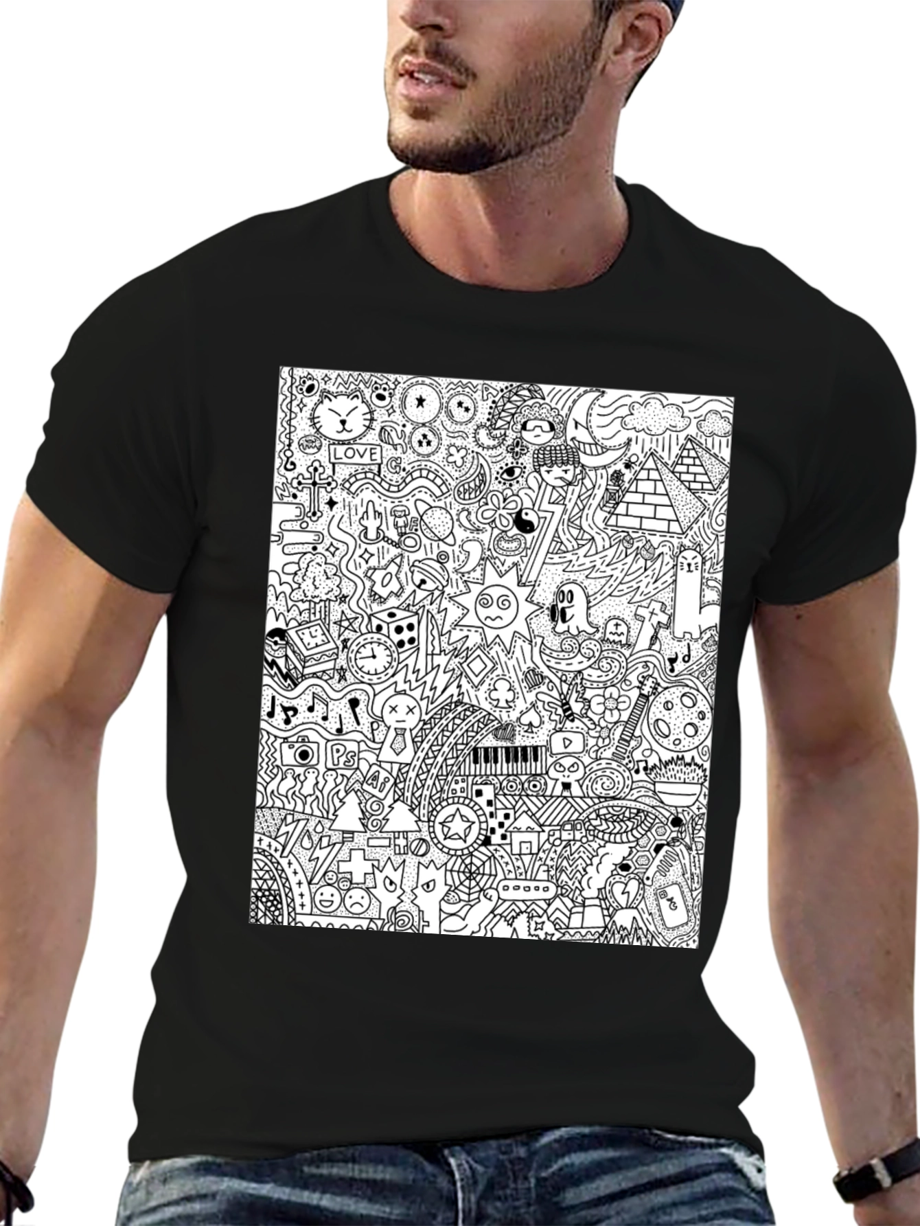 Doodle Art Black Tee - Quirky Graphic Print