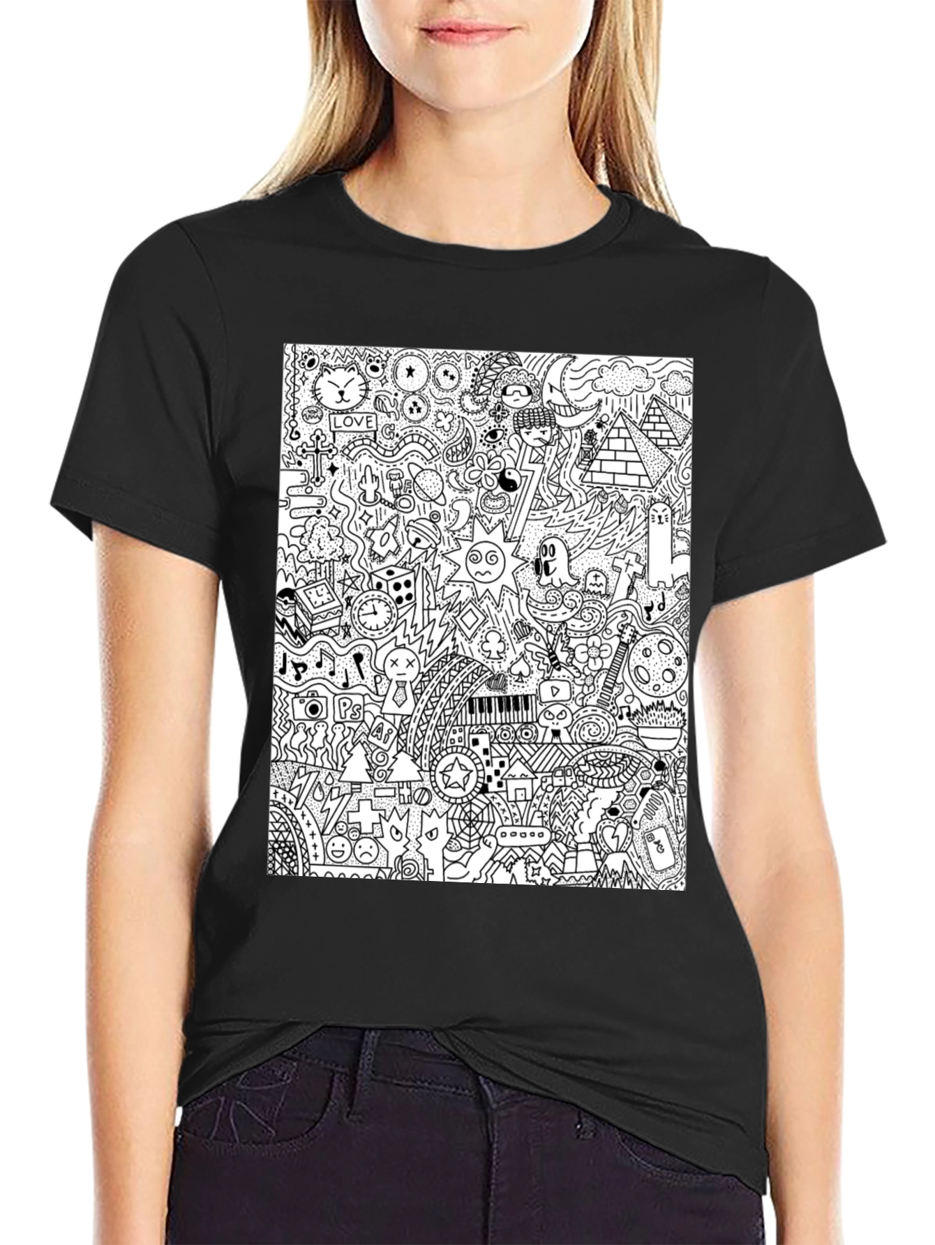 Doodle Art Black Tee - Quirky Graphic Print