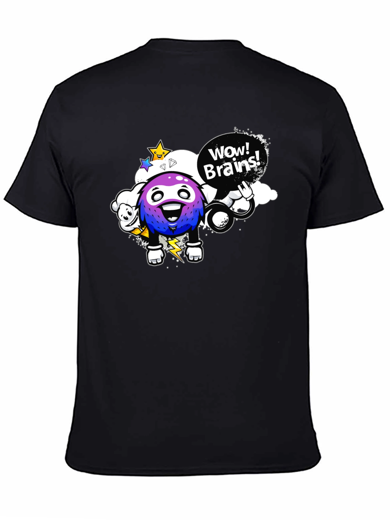 Wow Brains Cartoon Graphic Black T-Shirt