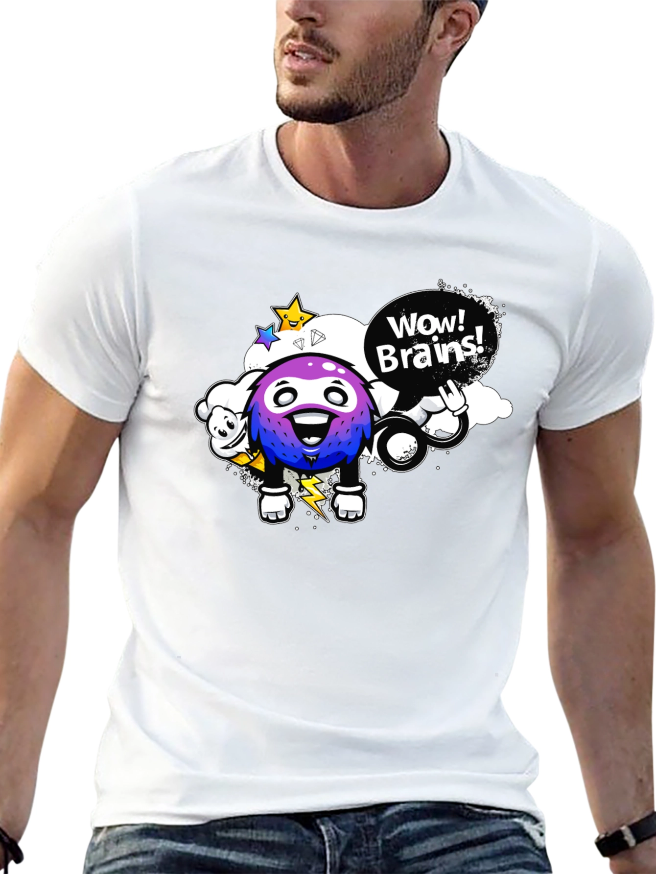 Wow Brains Cartoon Graphic Black T-Shirt