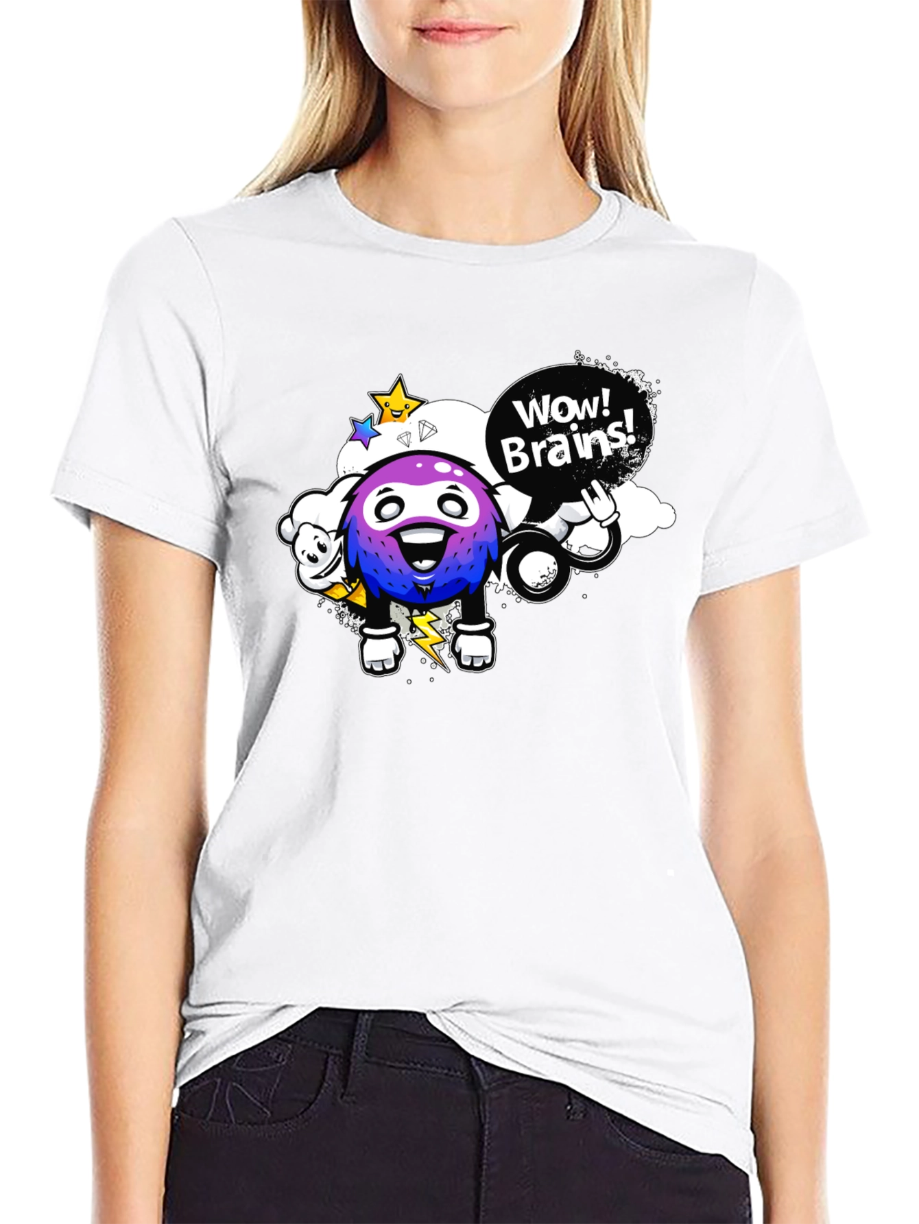 Wow Brains Cartoon Graphic Black T-Shirt