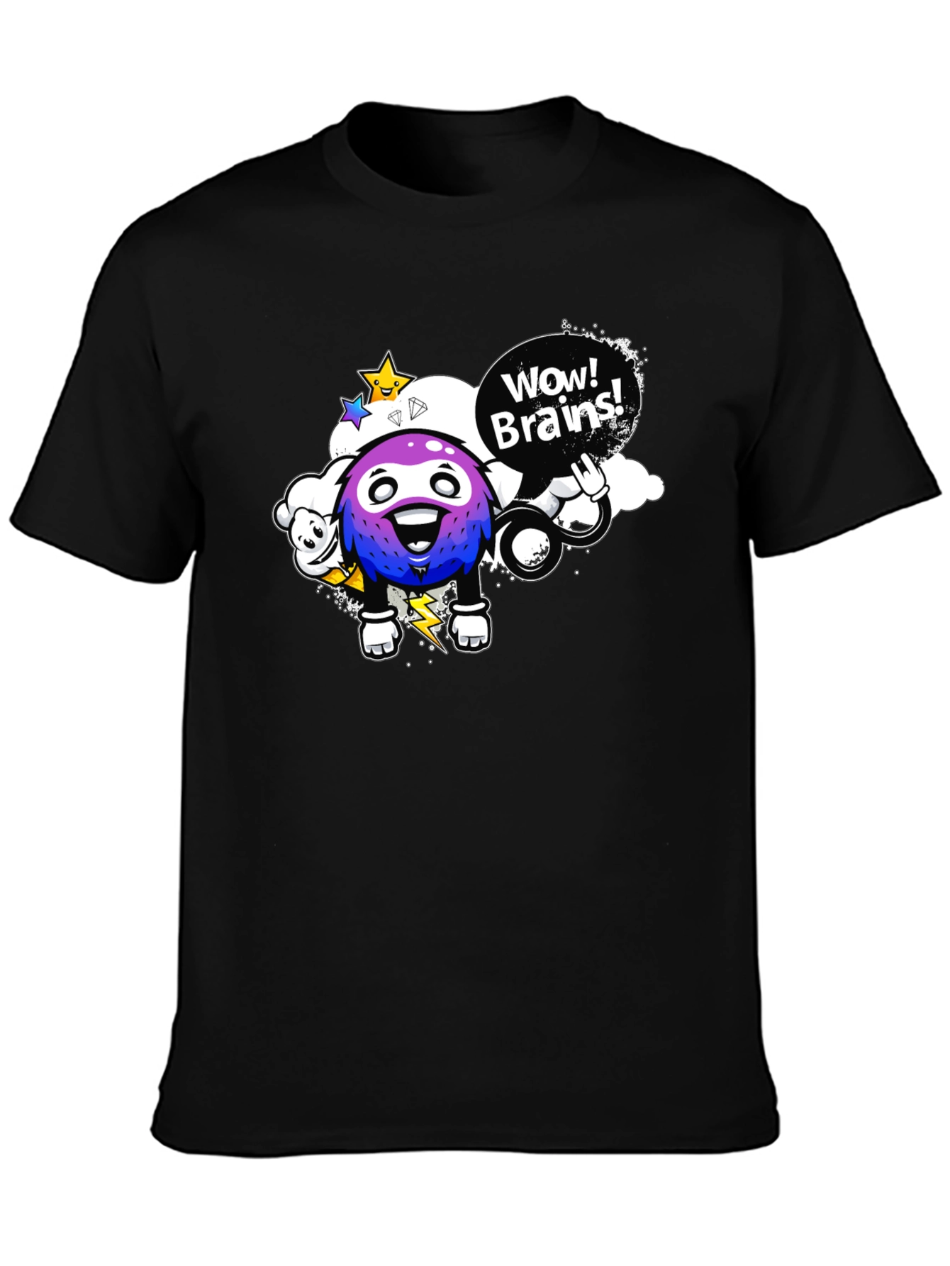 Wow Brains Cartoon Graphic Black T-Shirt