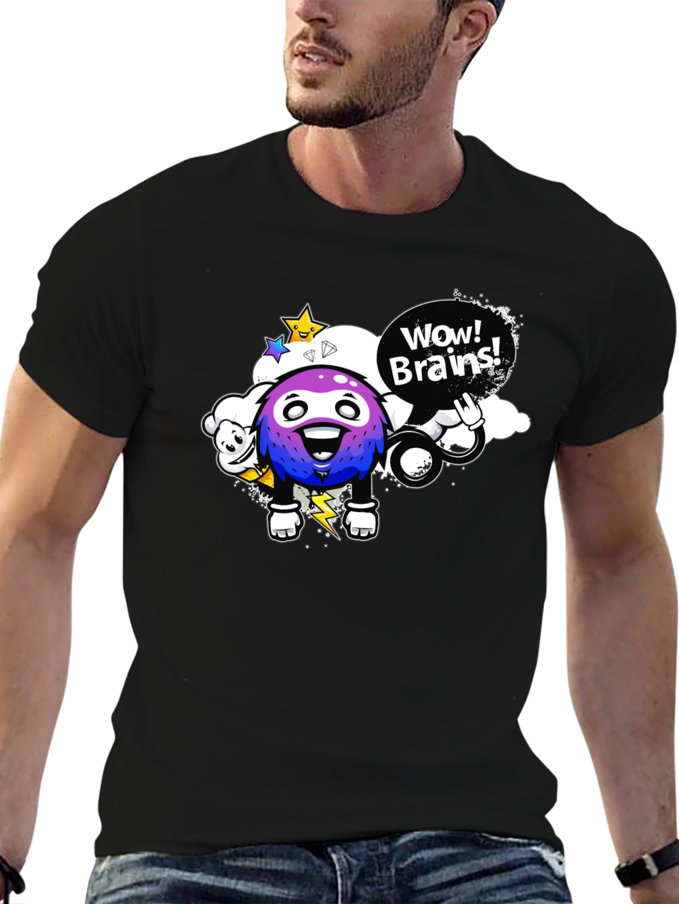 Wow Brains Cartoon Graphic Black T-Shirt