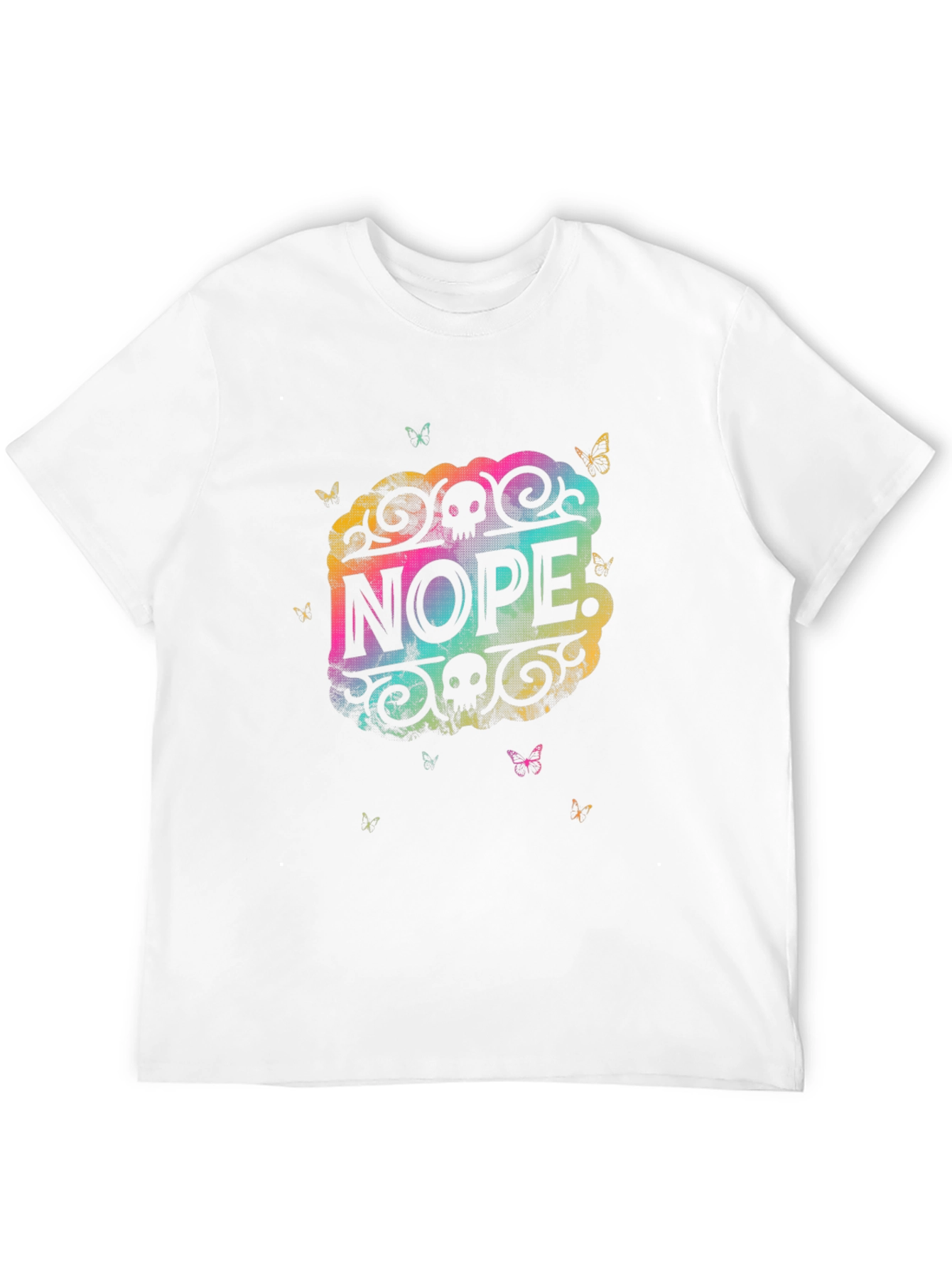 Nope Graphic Tee - Rainbow Skull Butterfly Design