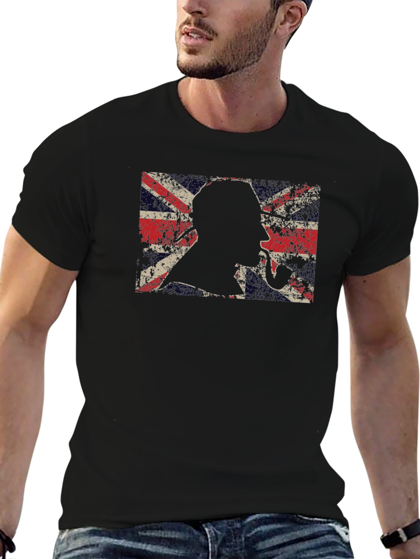 Union Jack Sherlock Holmes Mens Black T-Shirt