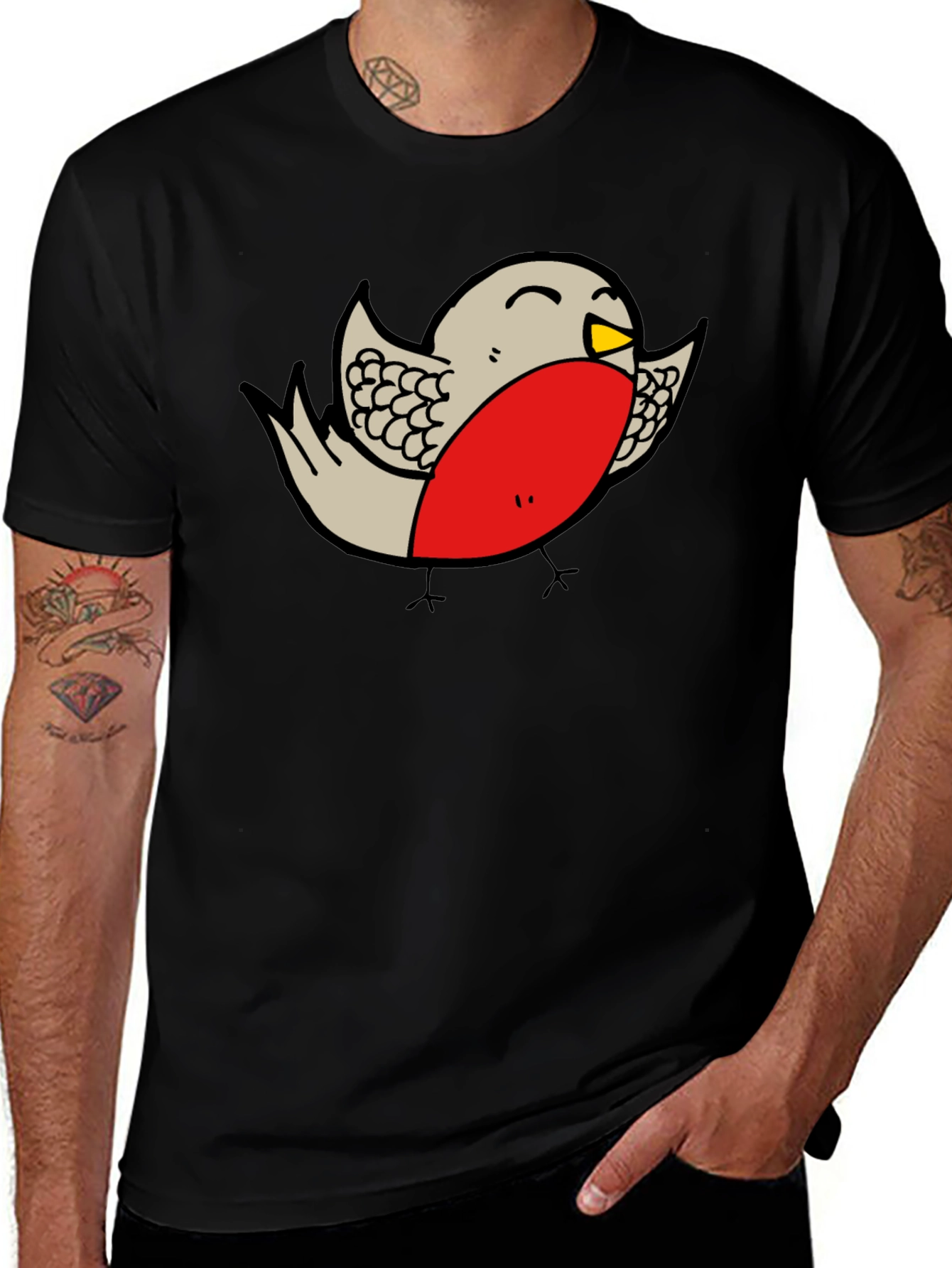 Cartoon Robin Graphic Print Black T-Shirt