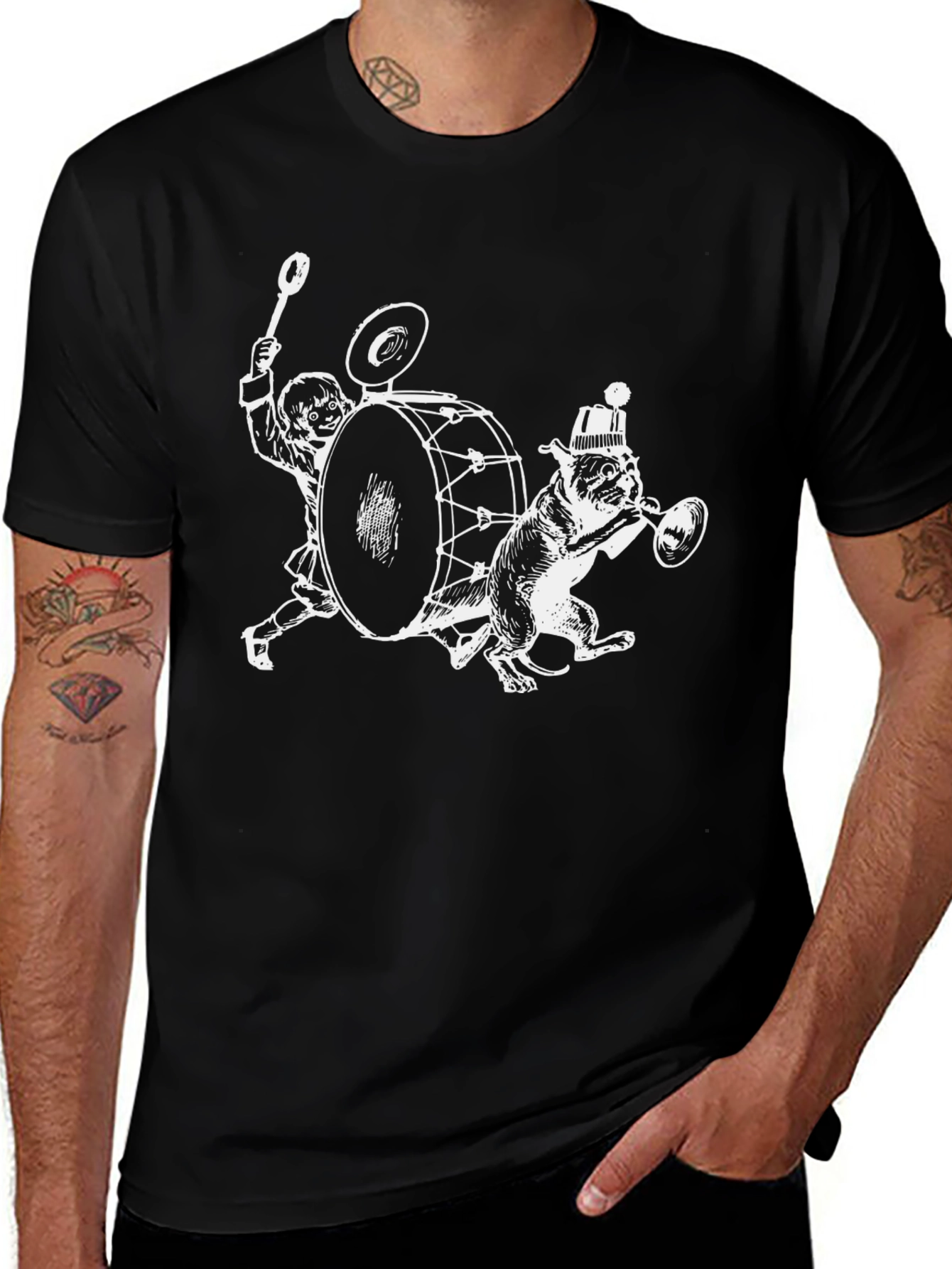 Drummer Dog Graphic Tee - Black Cotton T-Shirt