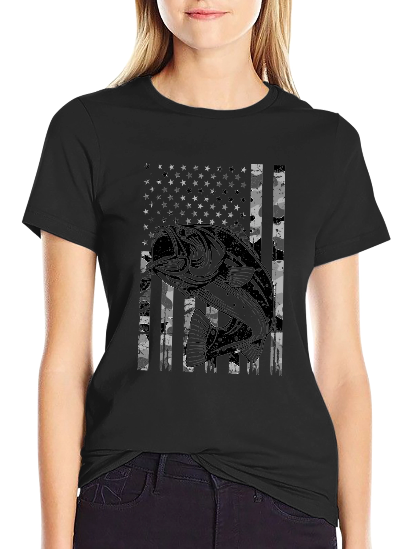 Bass Fish American Flag Graphic T-Shirt