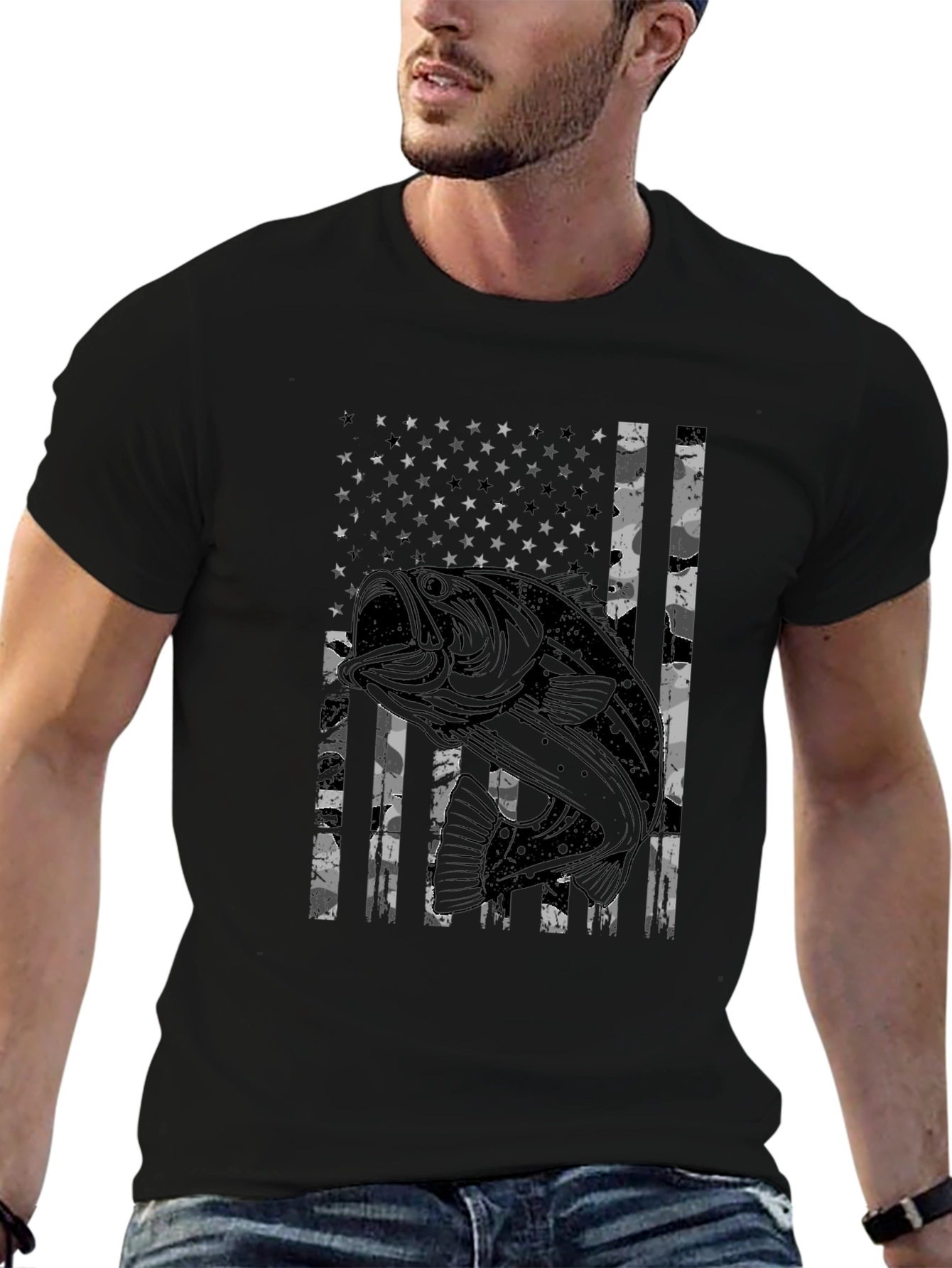 Bass Fish American Flag Graphic T-Shirt