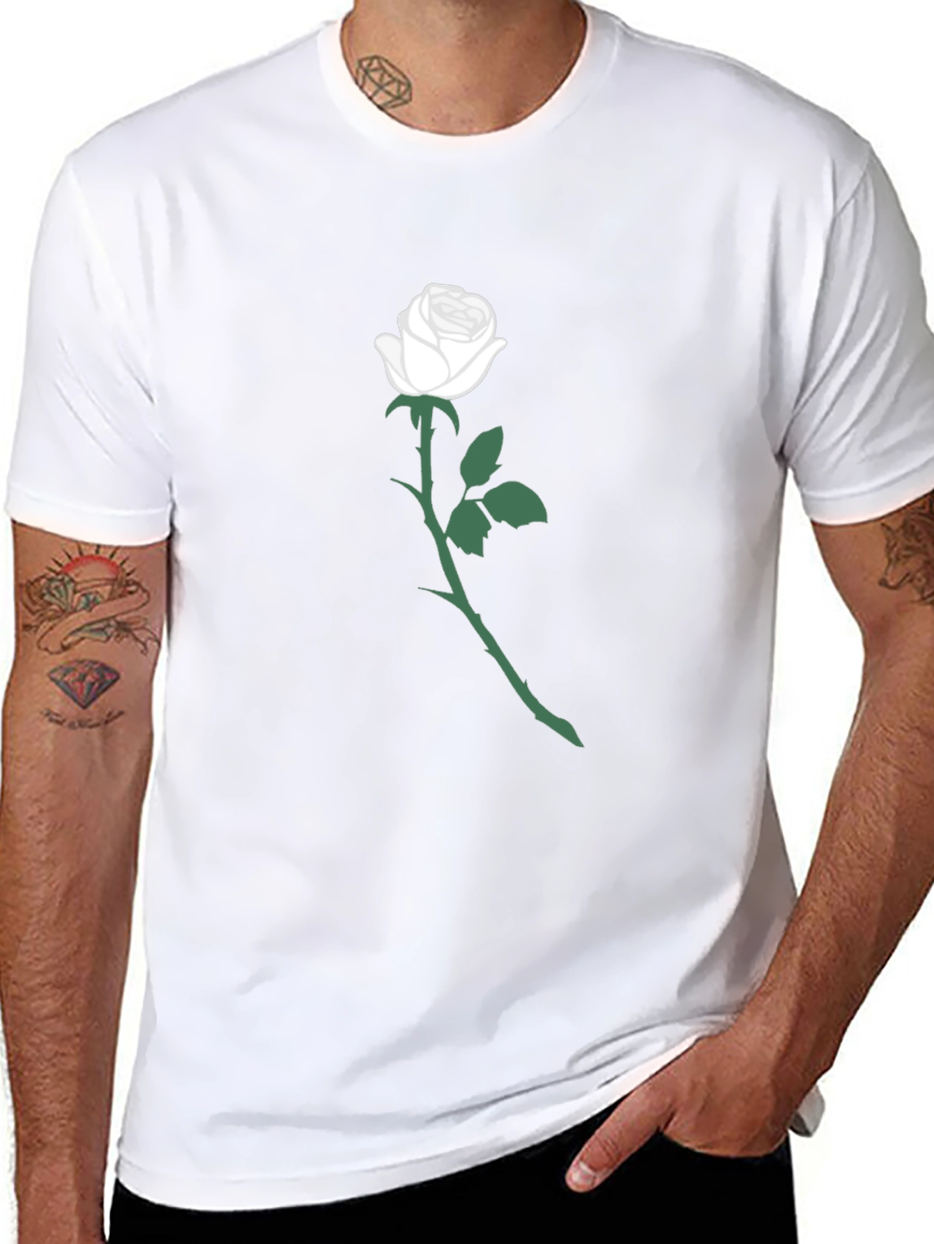Black T-Shirt with White Rose Graphic