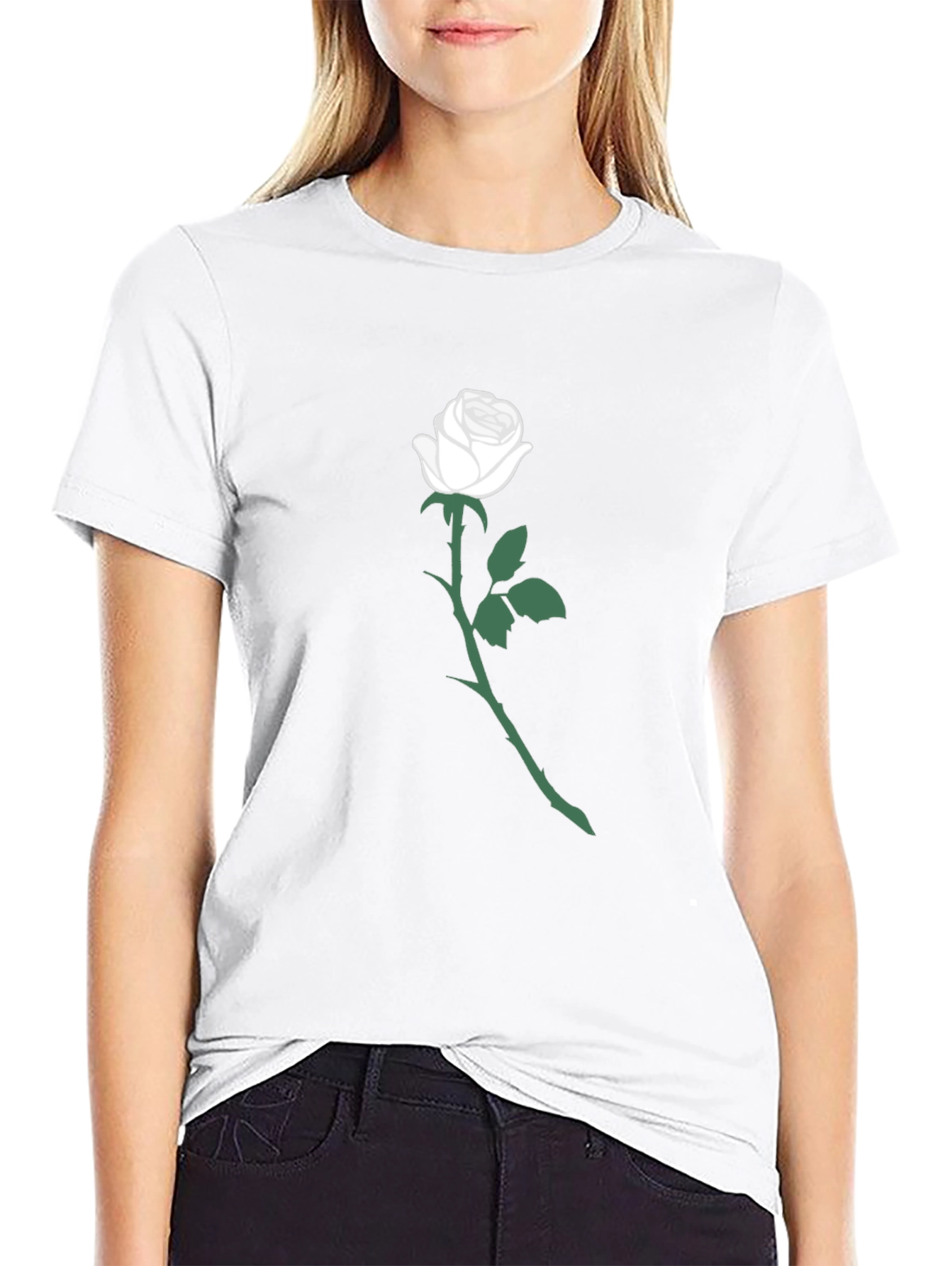 Black T-Shirt with White Rose Graphic