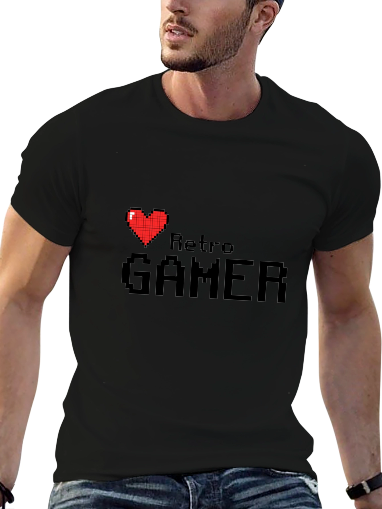 Retro Gamer Black T-Shirt - Pixel Heart Design