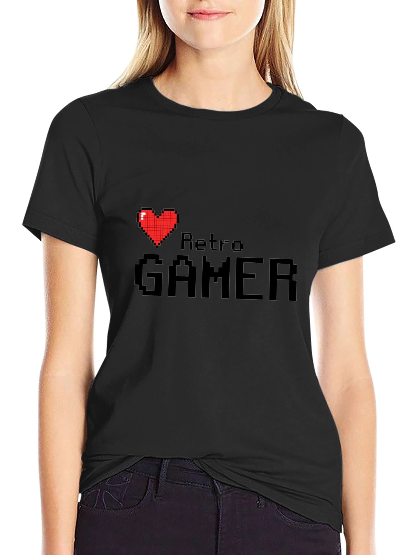 Retro Gamer Black T-Shirt - Pixel Heart Design