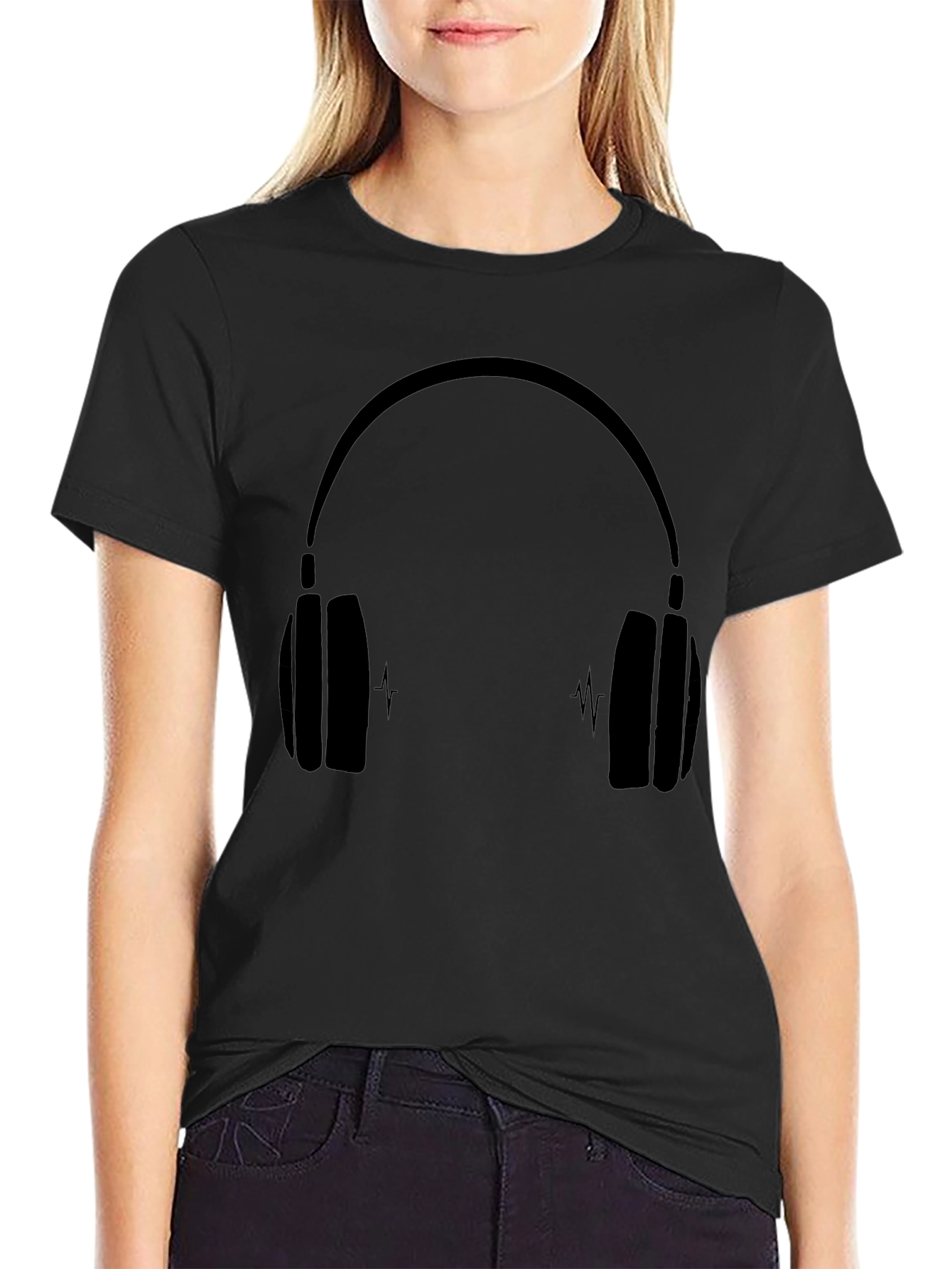 Black T-Shirt with Headphones Graphic