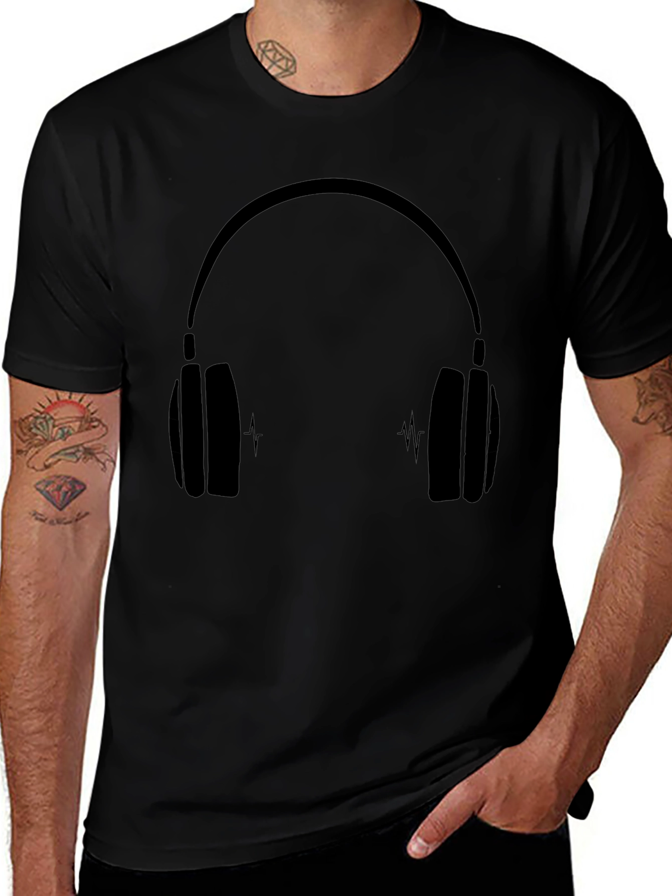 Black T-Shirt with Headphones Graphic